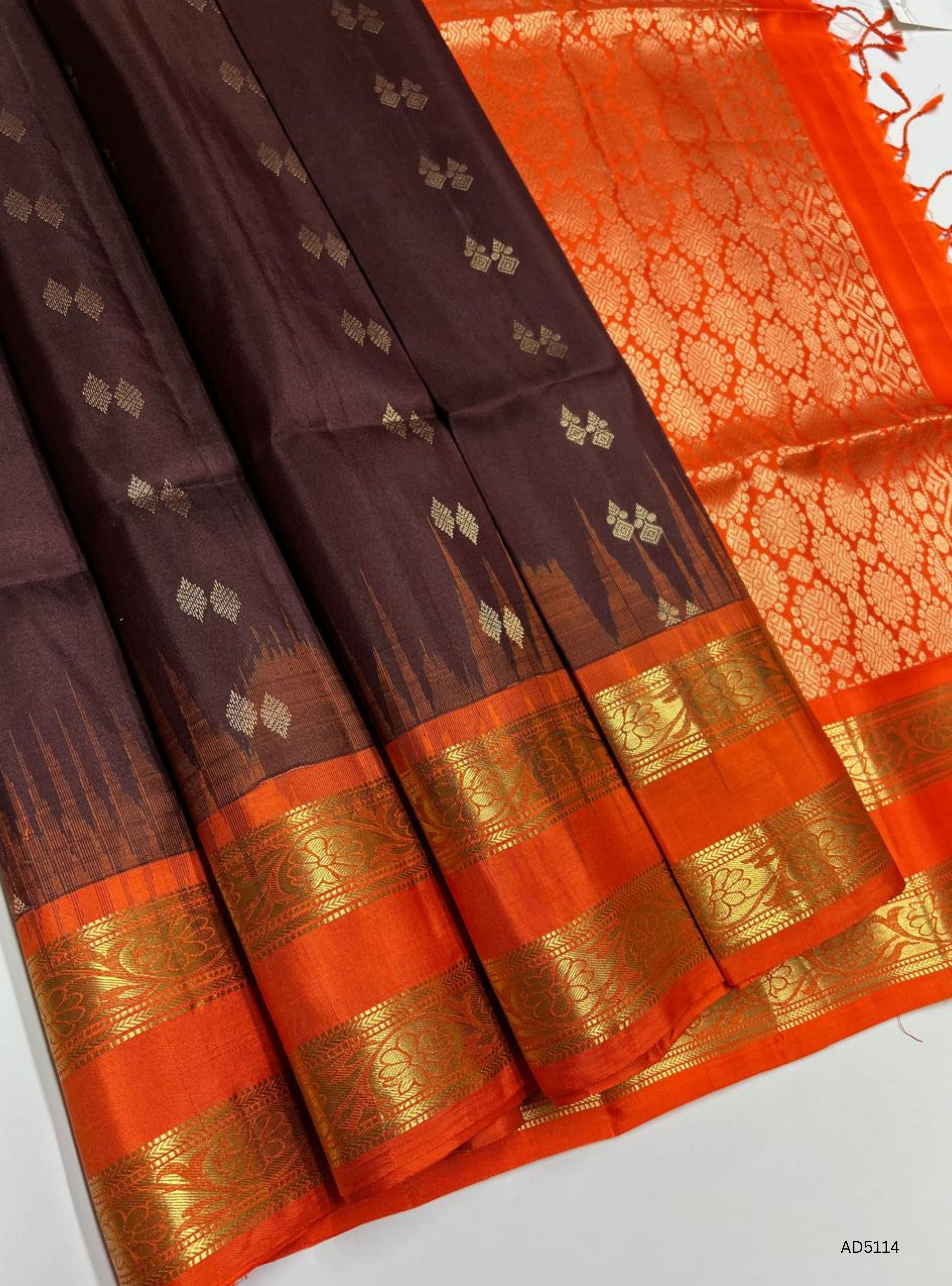 Coffee Brown & Orange -  Retta Pet Border Soft Silk Saree