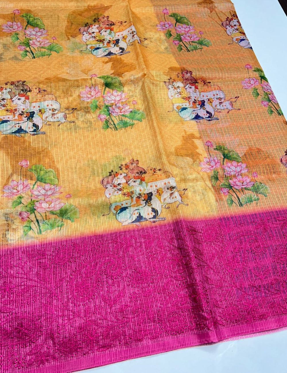 Golden Yellow &  Pink - Cotta Saree