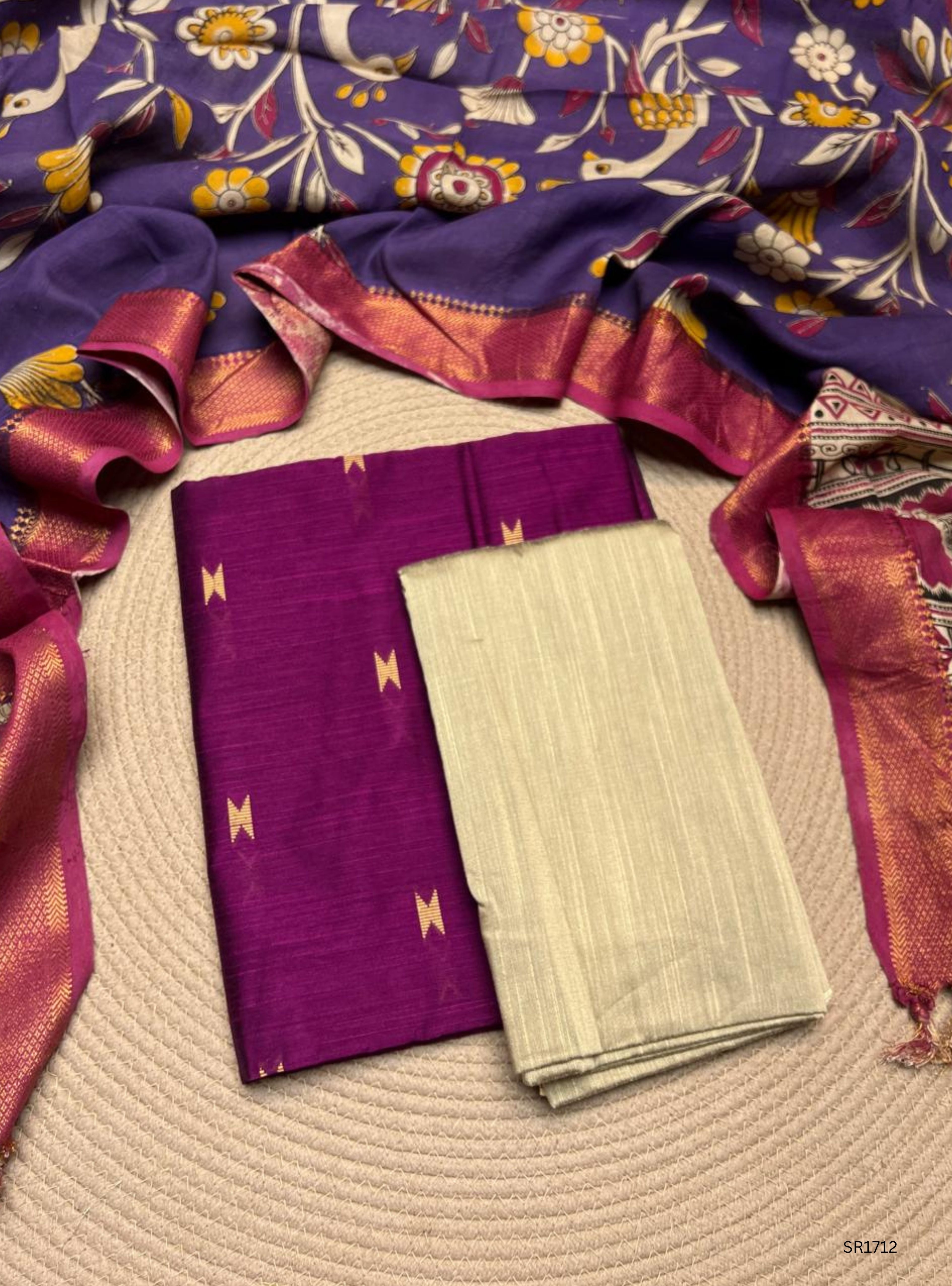 Magenta - Raw Silk X Kalamkari Unstiched Suit 3 Pc Set