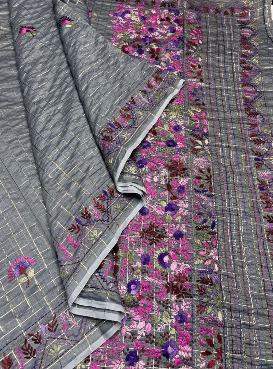 Grey - Zari Checks Linen French Knot Saree