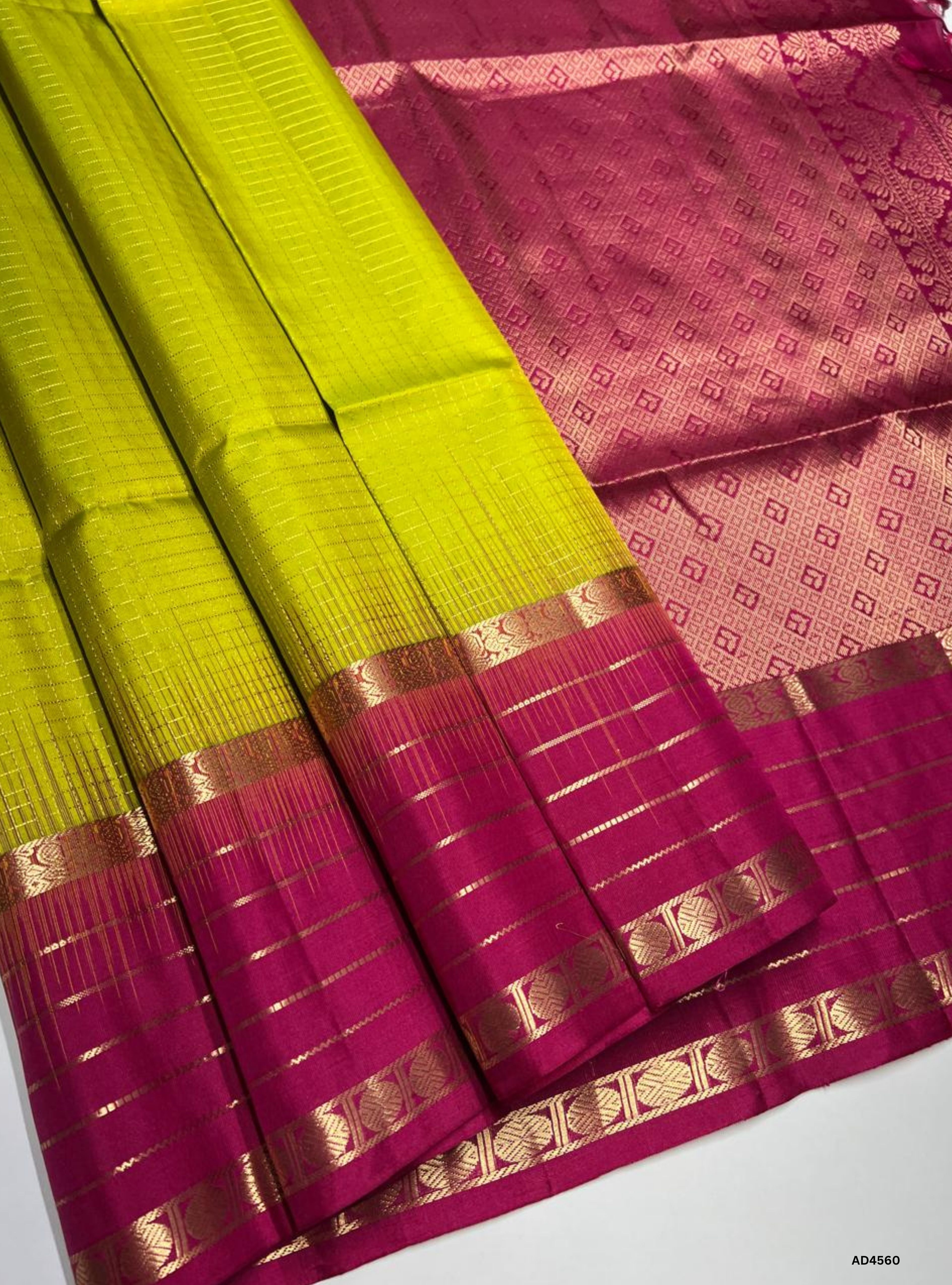 Lime Green & Rani Pink - Checkerd Retta Pet Border Saree