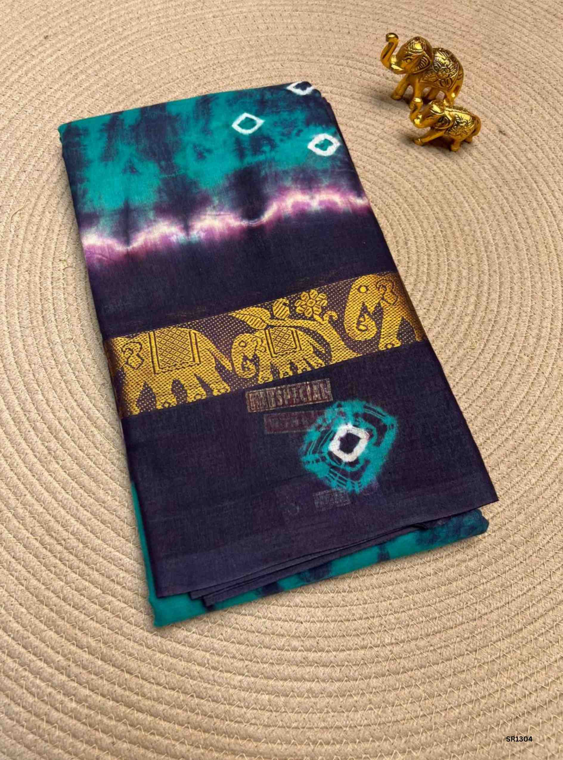 Rama Green & Ink Blue - Bandhini Chungudi Cotton Saree