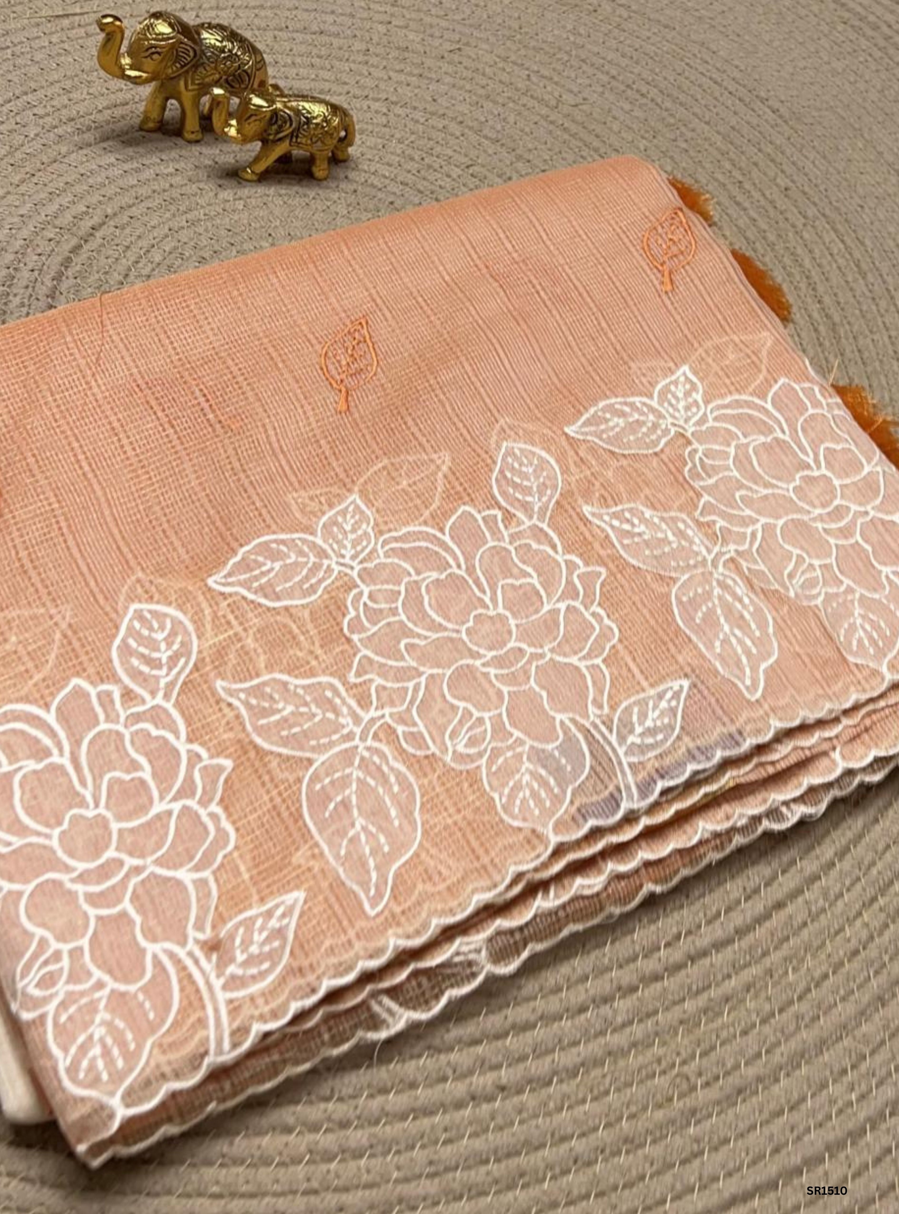 Cream & Orange - Kota Applique Work Saree