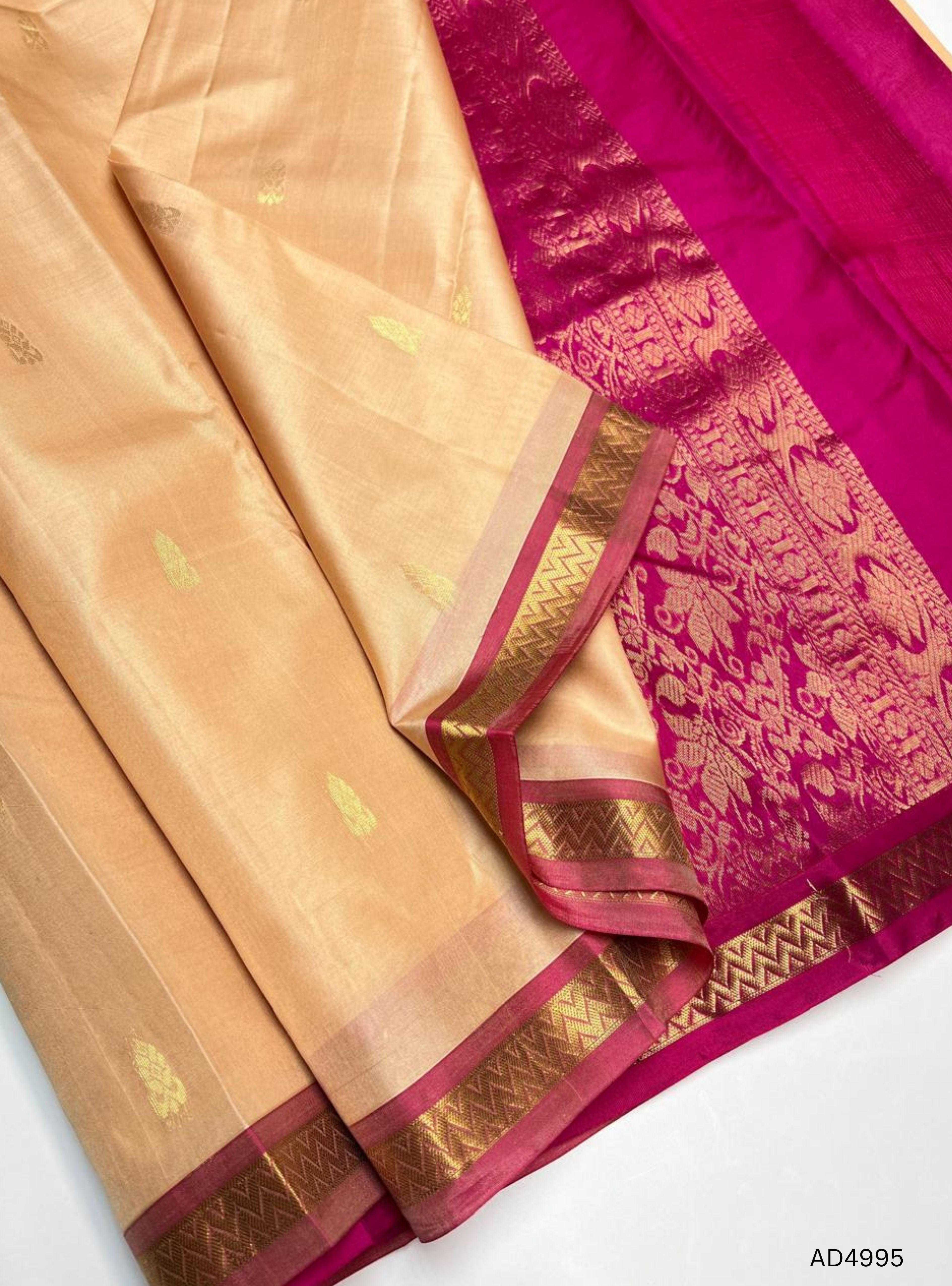 Cream  & Pink - Kanchi Border Soft Silk Saree