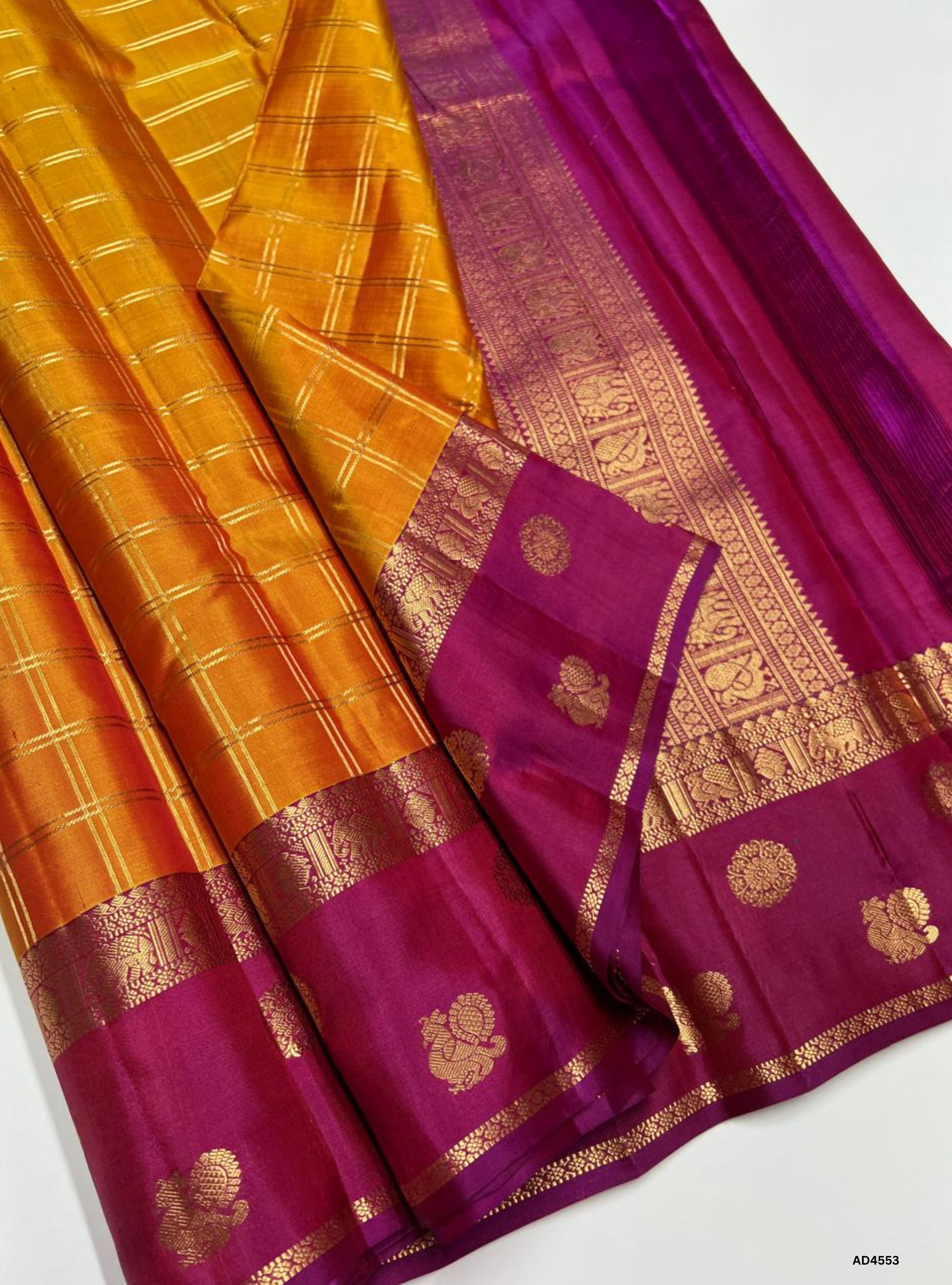 Mango Yellow & Purple - Checkerd Retta Pet Border Saree