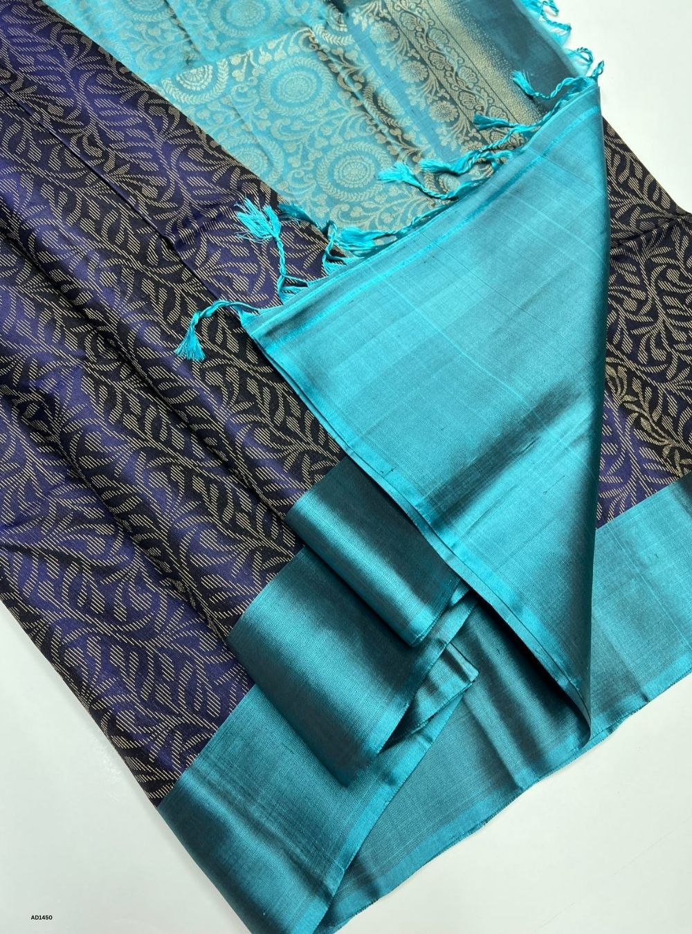 Dark Navy & Mint Blue  - Soft Silk Saree