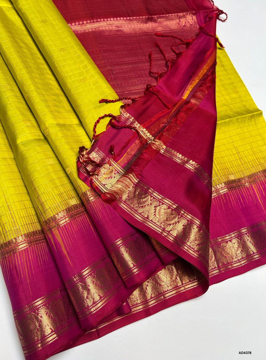 Yellow & Reddish Pink - Checkered Retta Pet Saree