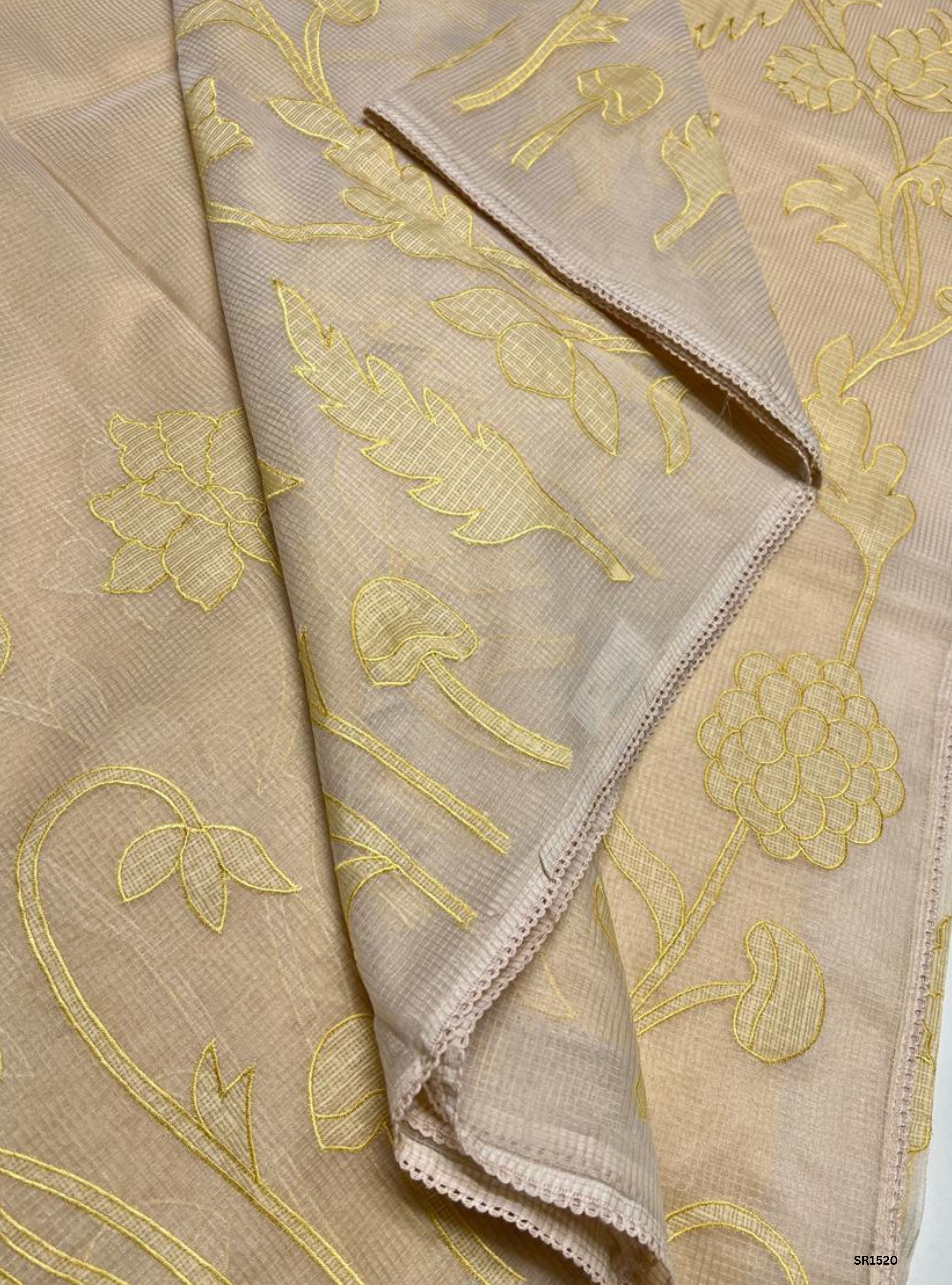 Half White & Yellow - Kota Applique Work Saree