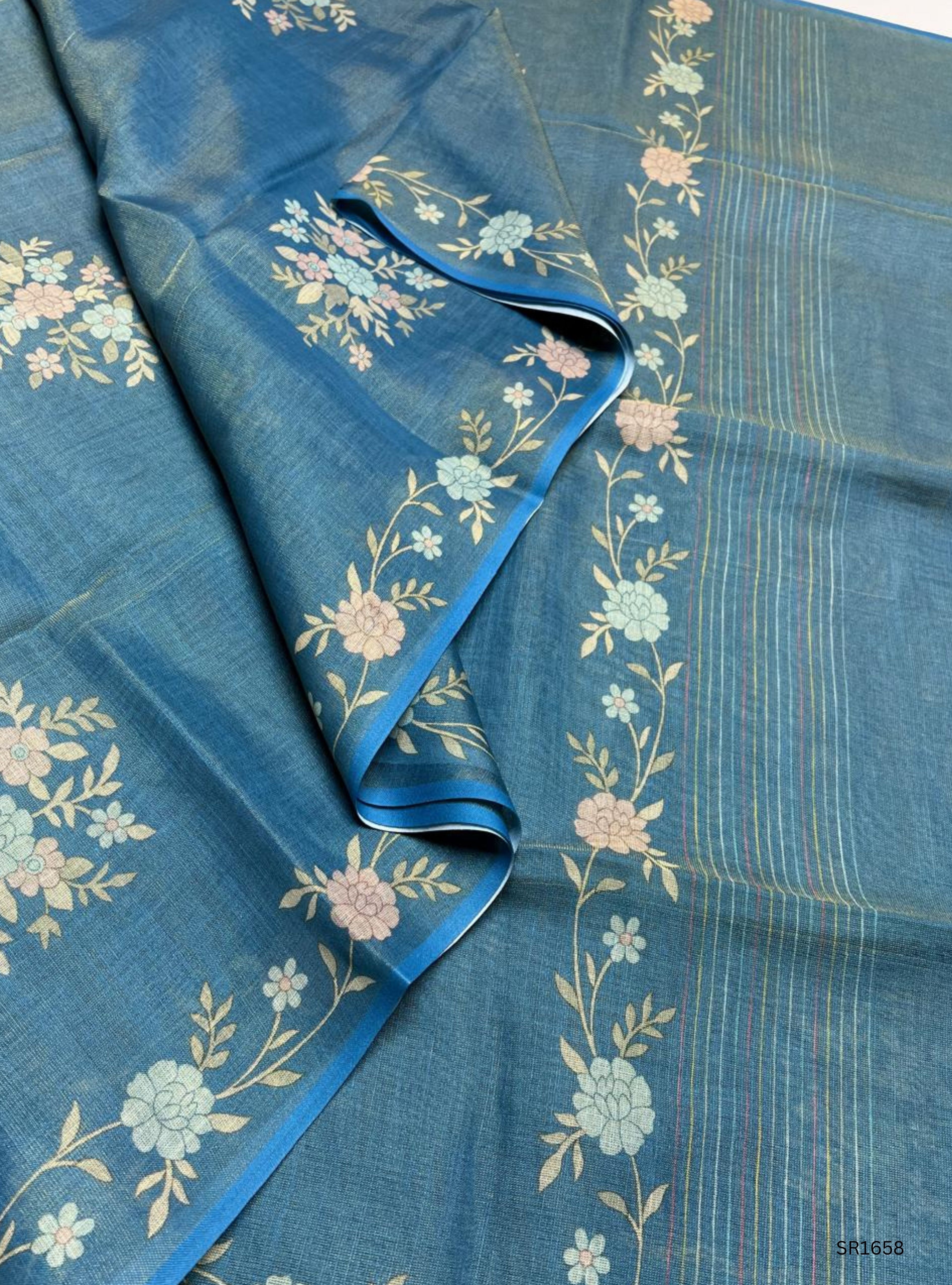 Teal - Tissue Linen  Saree