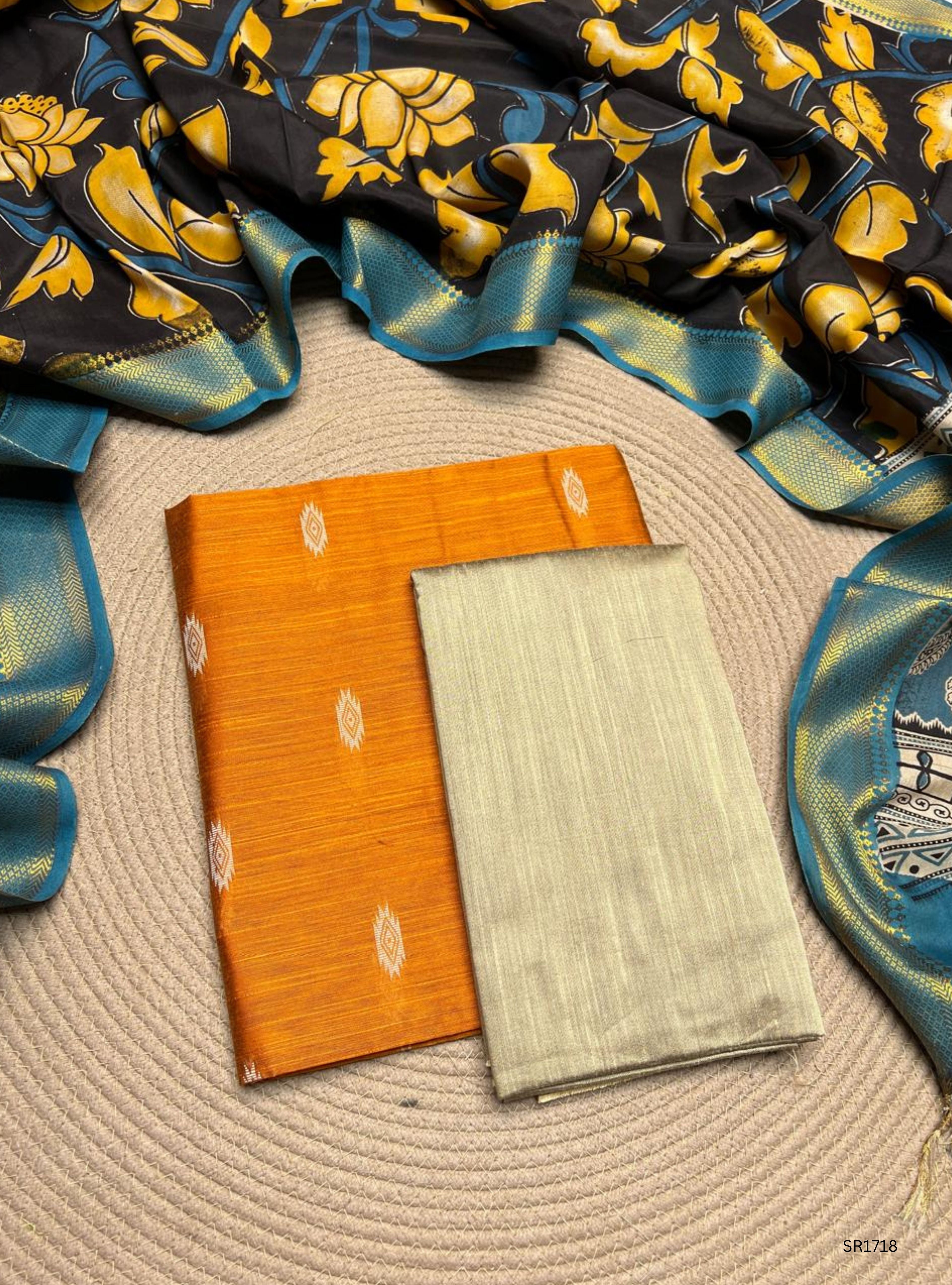 Orange - Raw Silk X Kalamkari Unstiched Suit 3 Pc Set