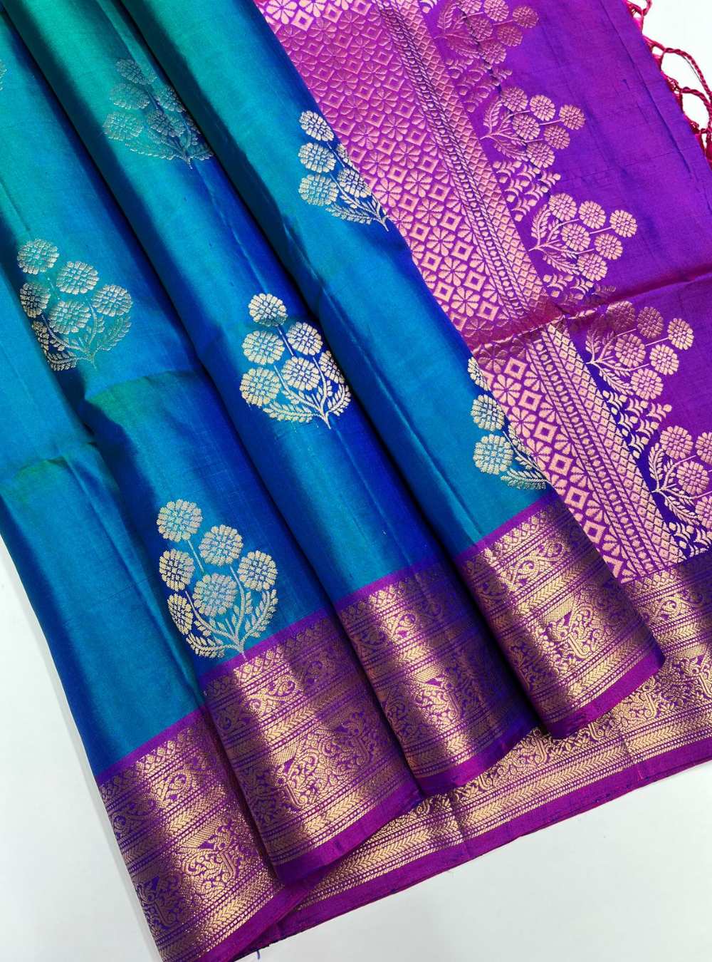 Peacock Blue & Purple - Soft Silk Saree