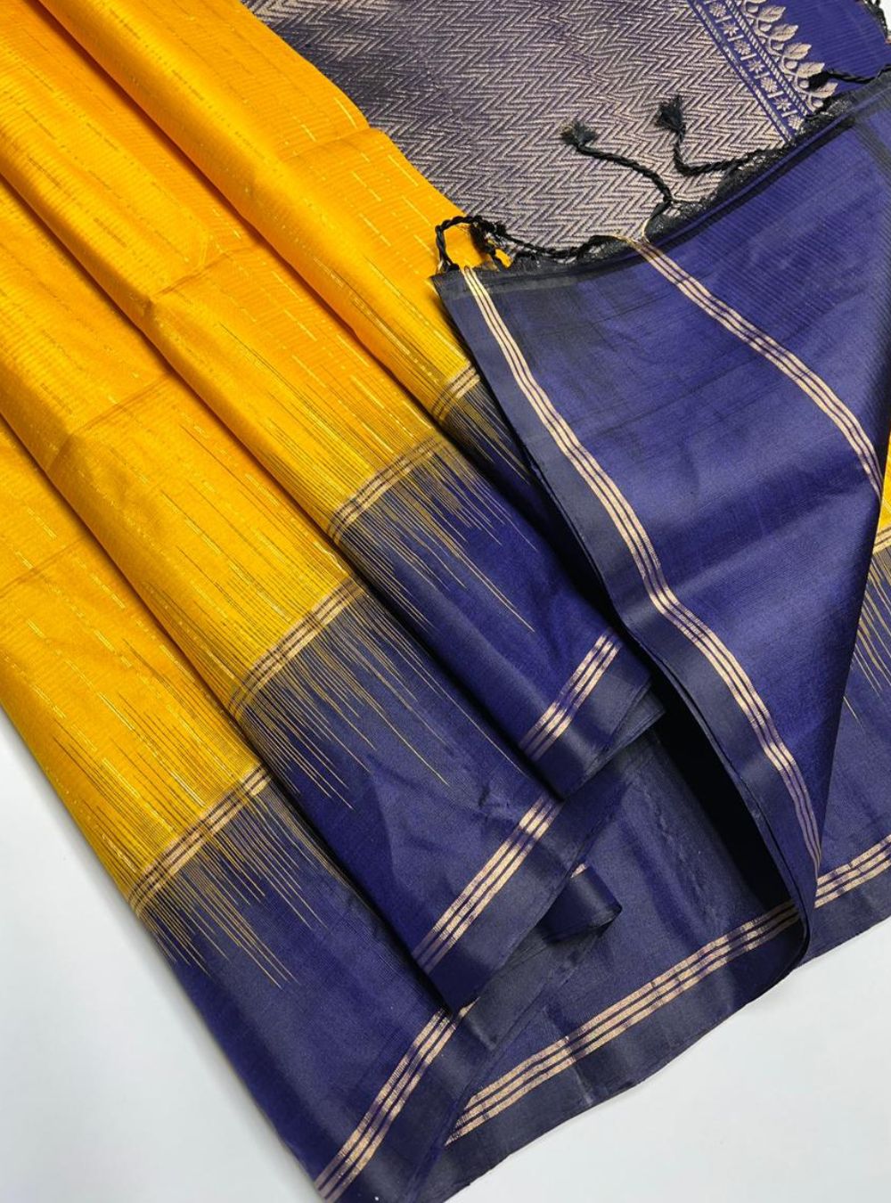 Yellow & Navy - Soft Silk Saree