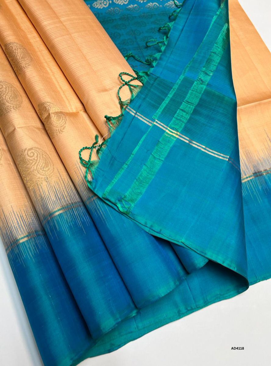 Cream & Rama Blue - Fancy Border Soft Silk Saree