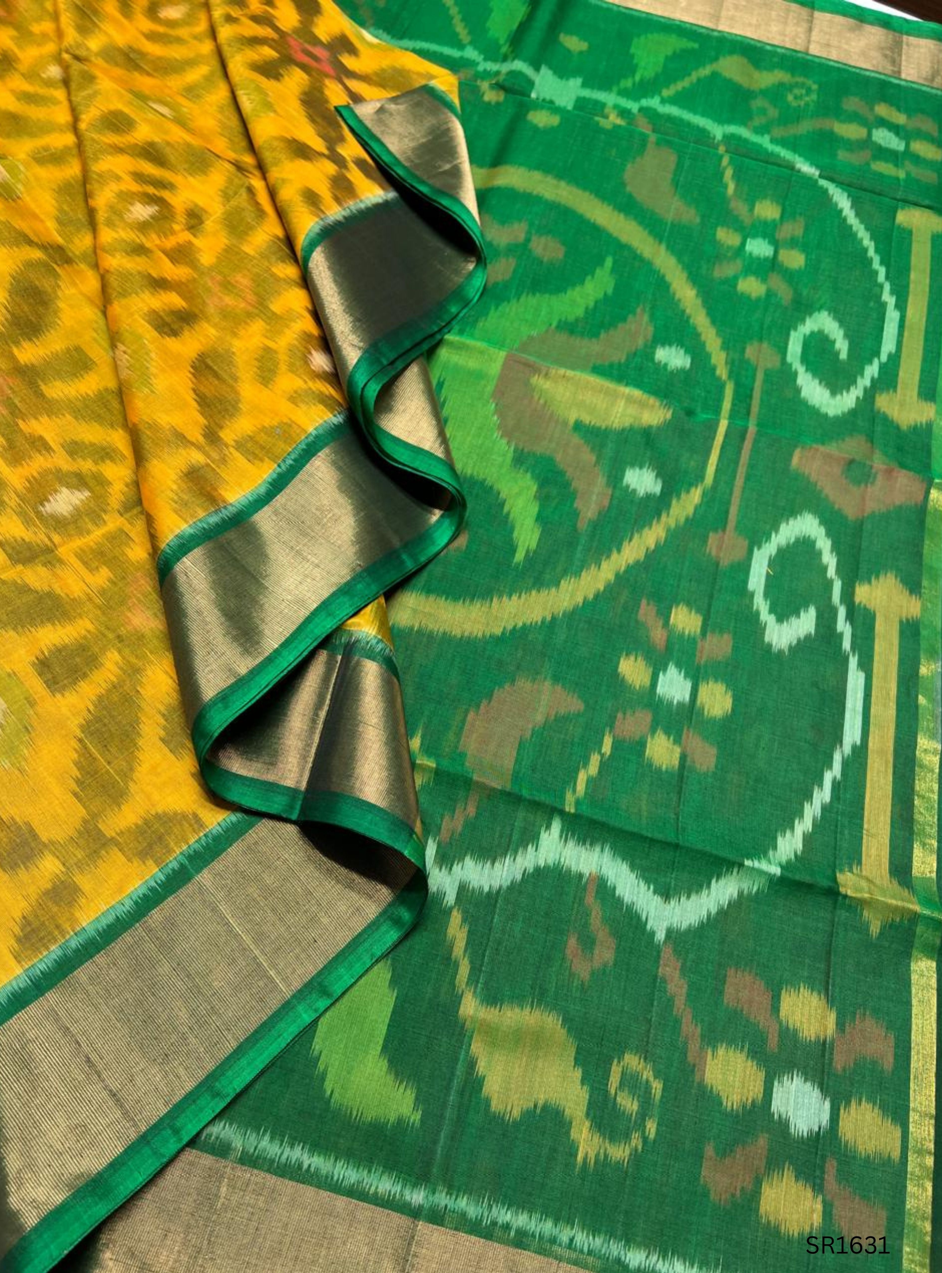 Yellow,  & Green - Ikkat Kora Cotton Saree