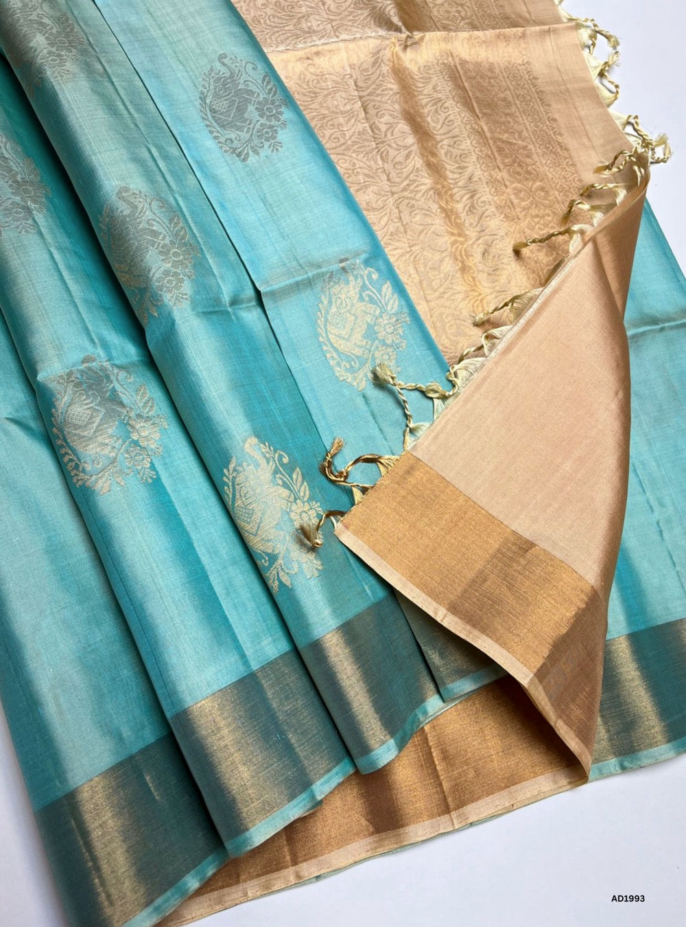 Ice Blue & Cream - Soft Silk Saree