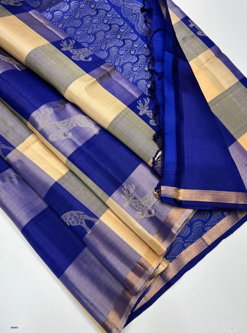 Cream & Royal Blue -  Soft Silk Saree
