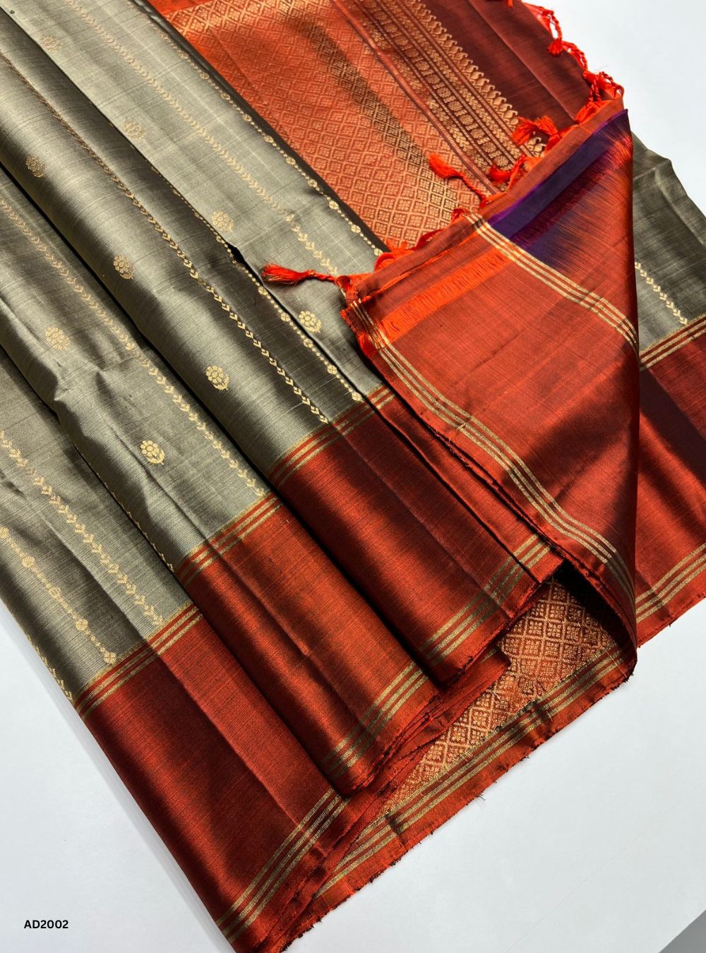 Grey & Rust Orange - Soft Silk Saree
