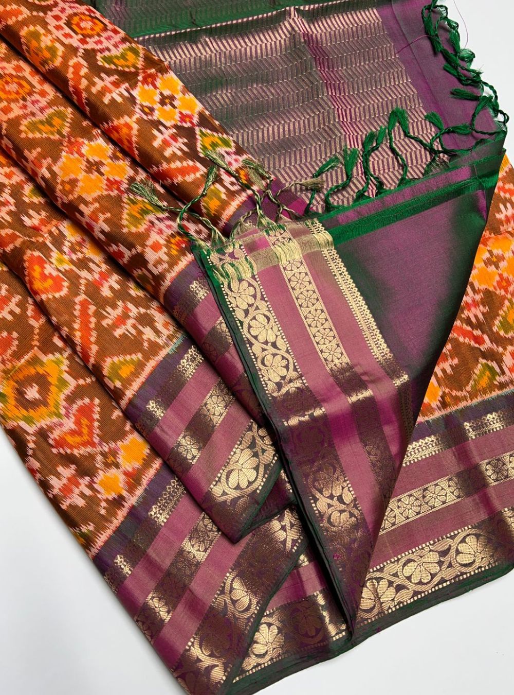 Brown & Green - Soft Silk Saree