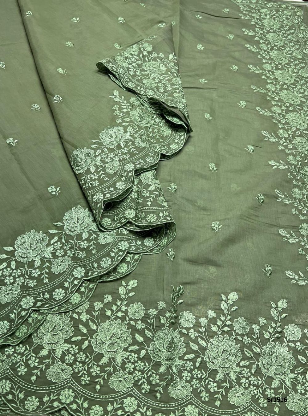 Olive Green - Mul chanderi Thread Embroided Saree