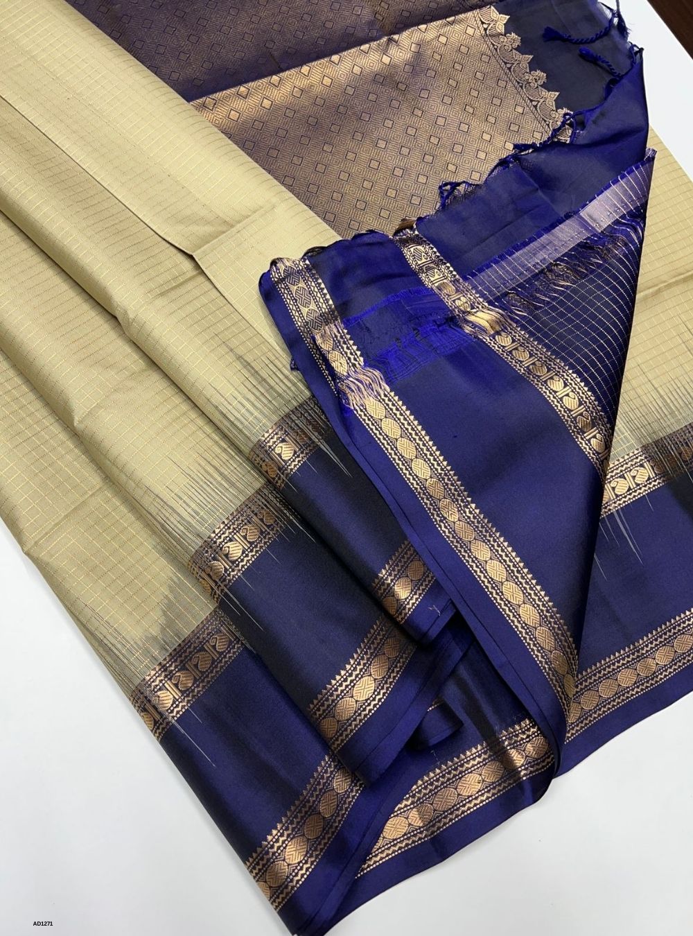 Beige & Navy -  Soft Silk Saree