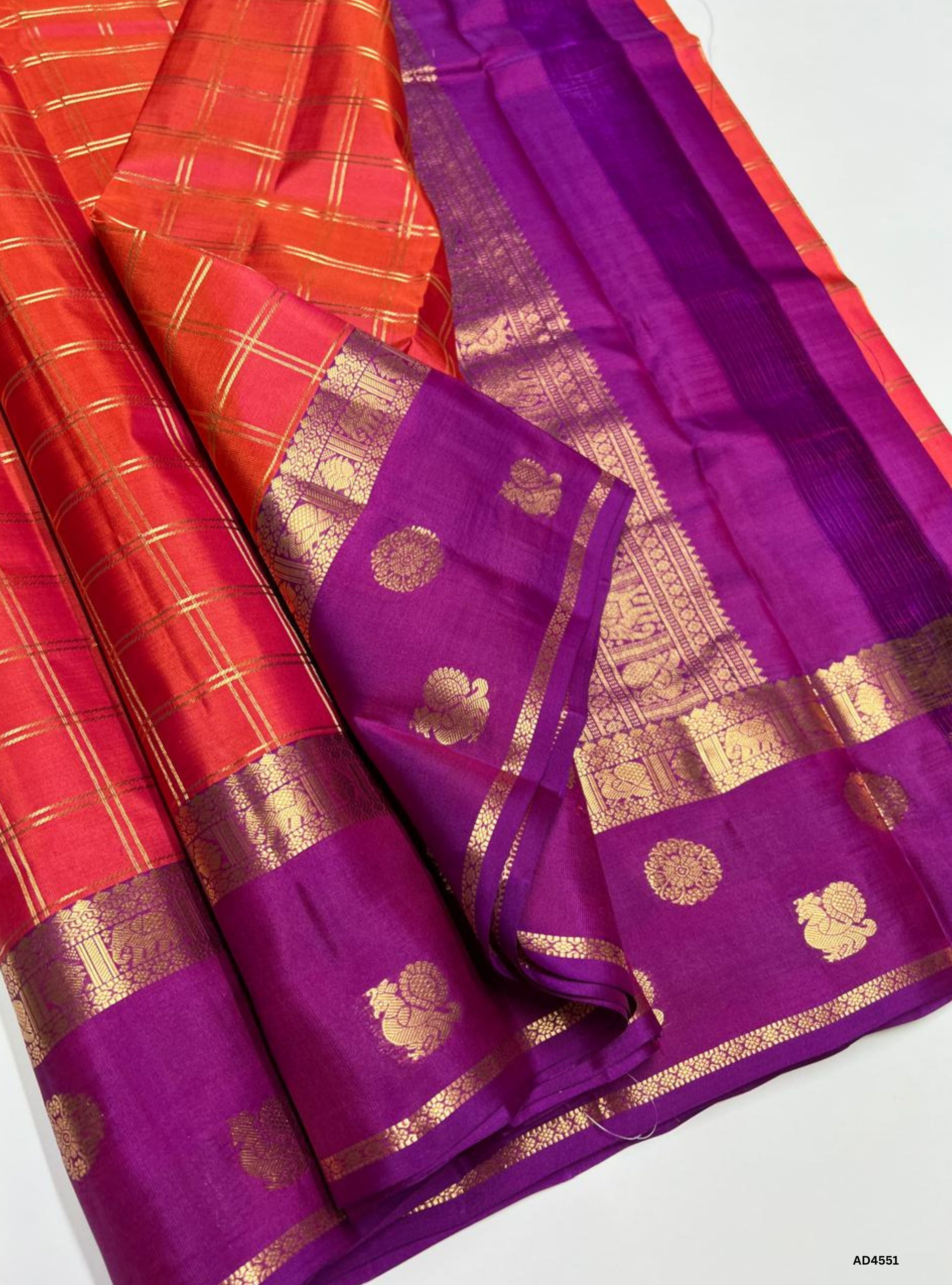 Orange & Purple - Checkerd Retta Pet Border Saree