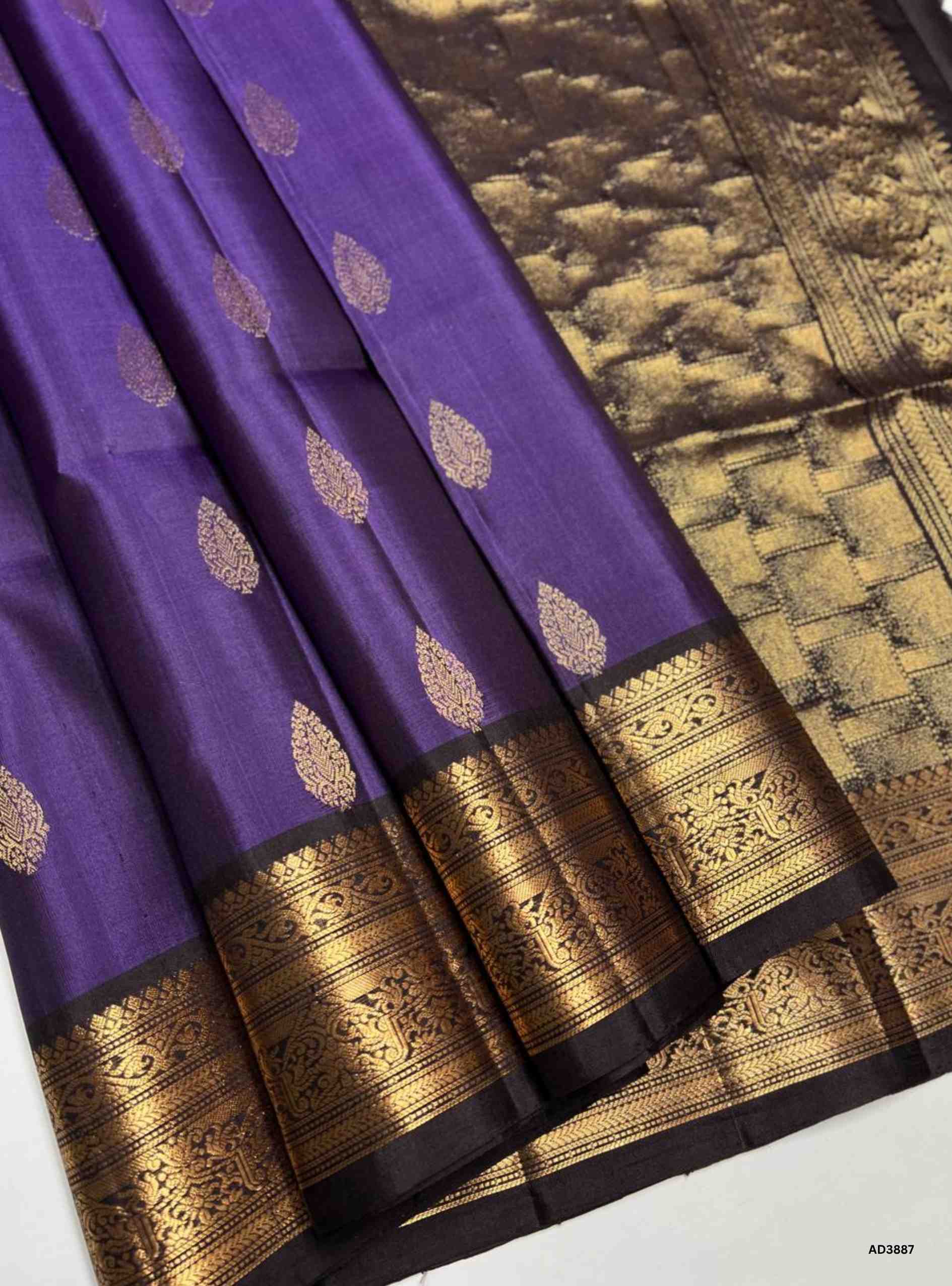 Purple & Dark Coffee Brown - Kanchi Border Soft Silk Saree