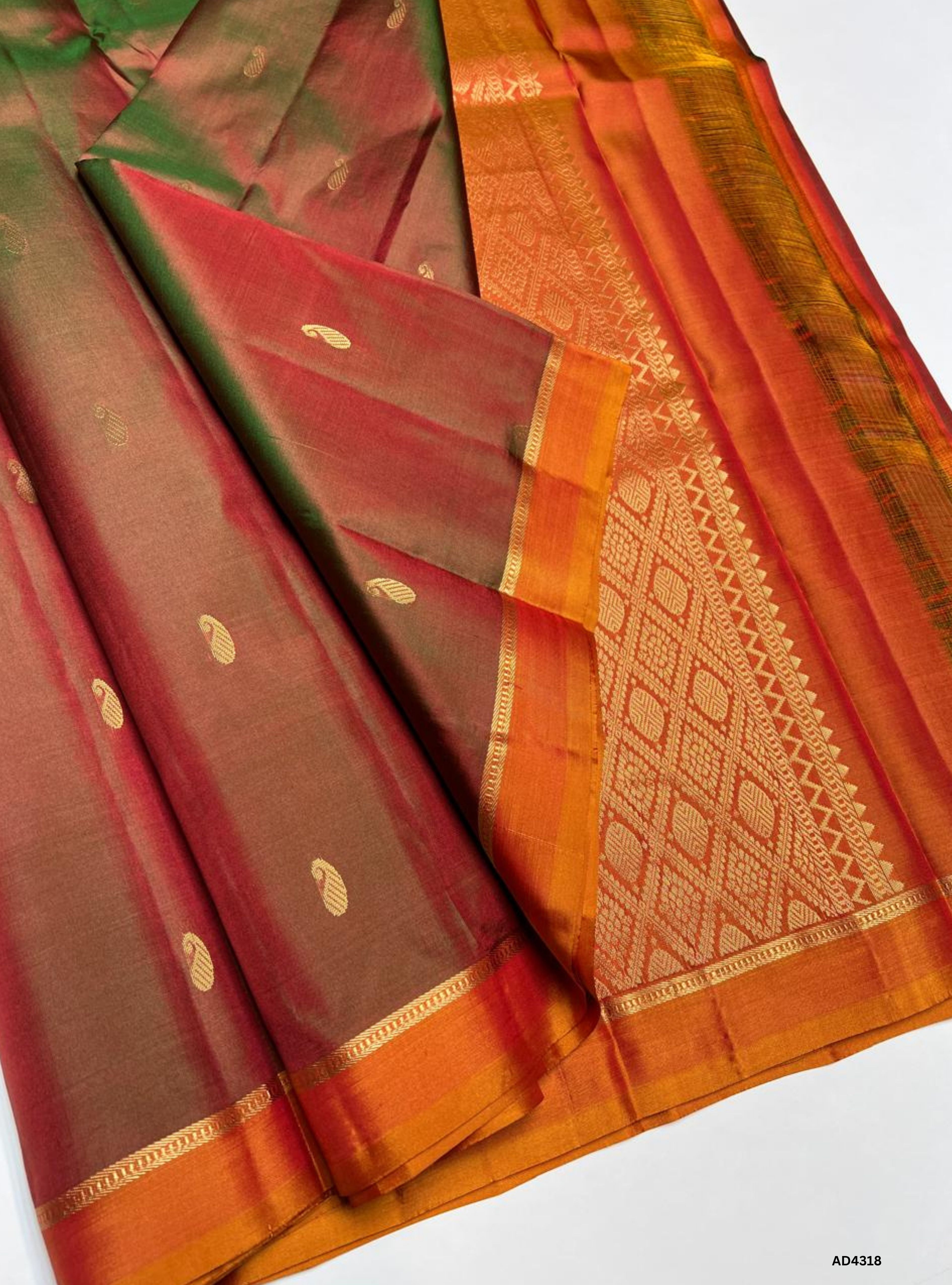Dual Tone Green & Orange - Soft Silk Saree