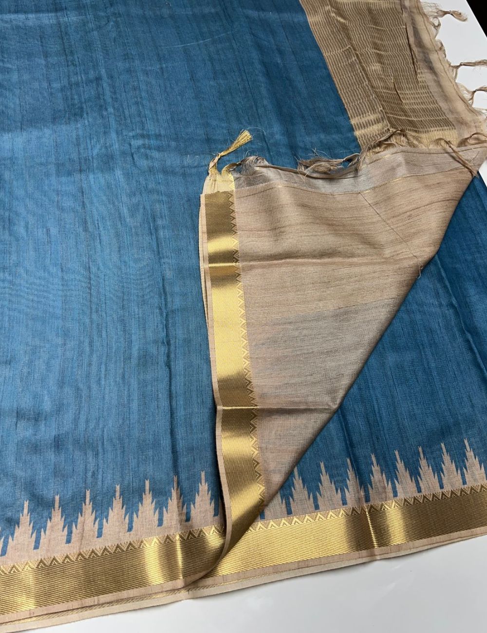 Blue Color -  Plain Semi Tusser Saree
