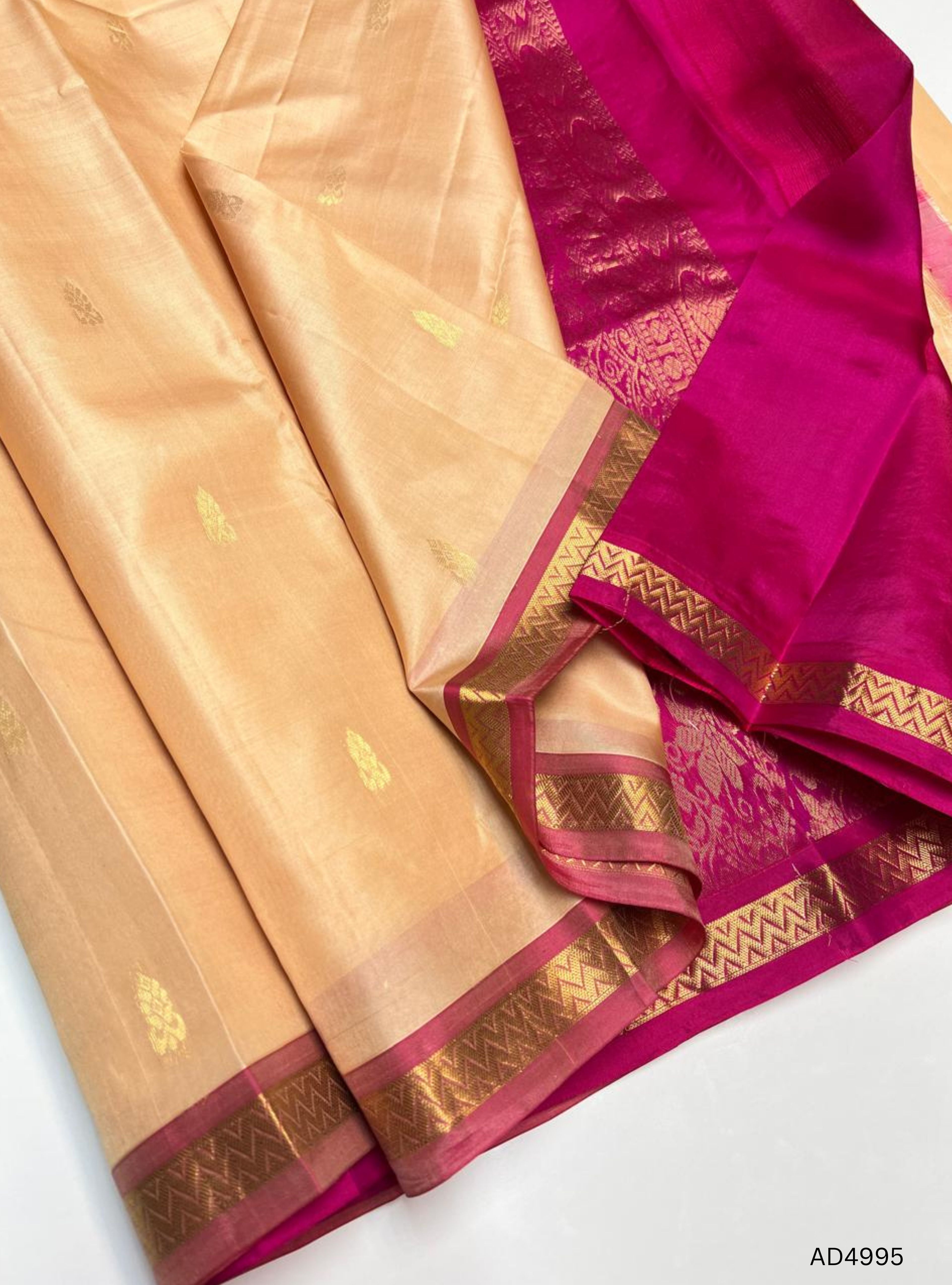 Cream  & Pink - Kanchi Border Soft Silk Saree