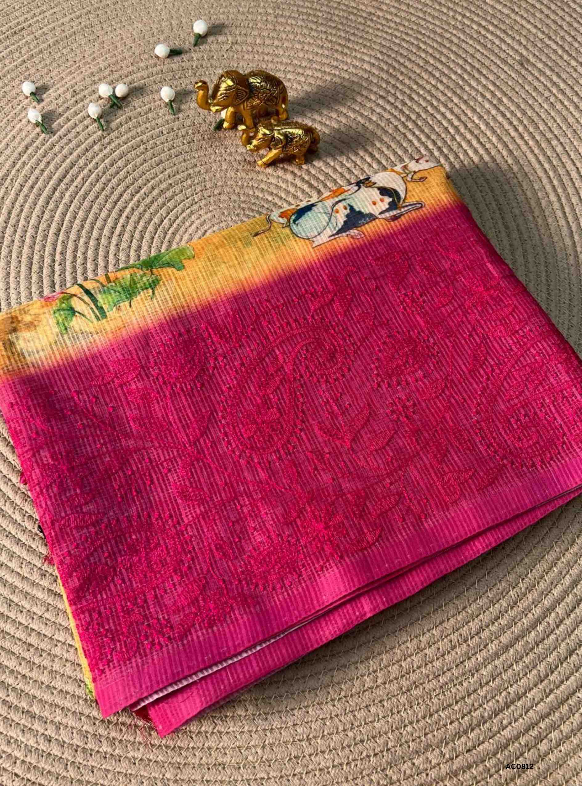Golden Yellow &  Pink - Cotton Saree