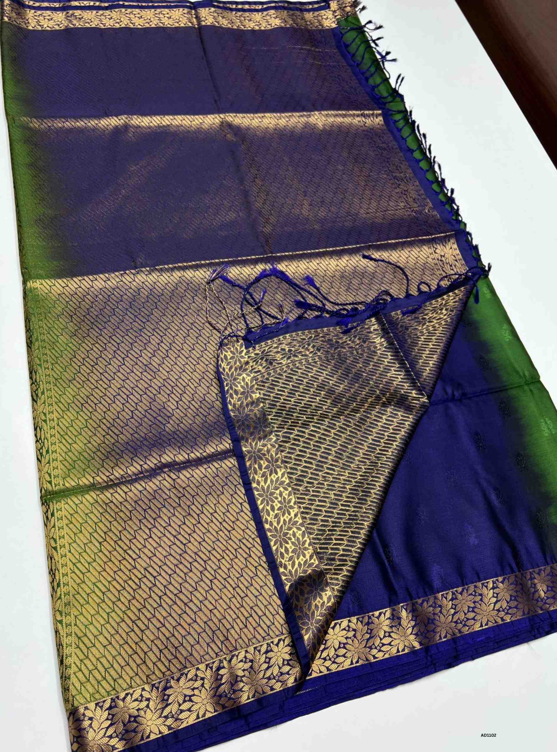 Green & Navy - Semi Silk Saree