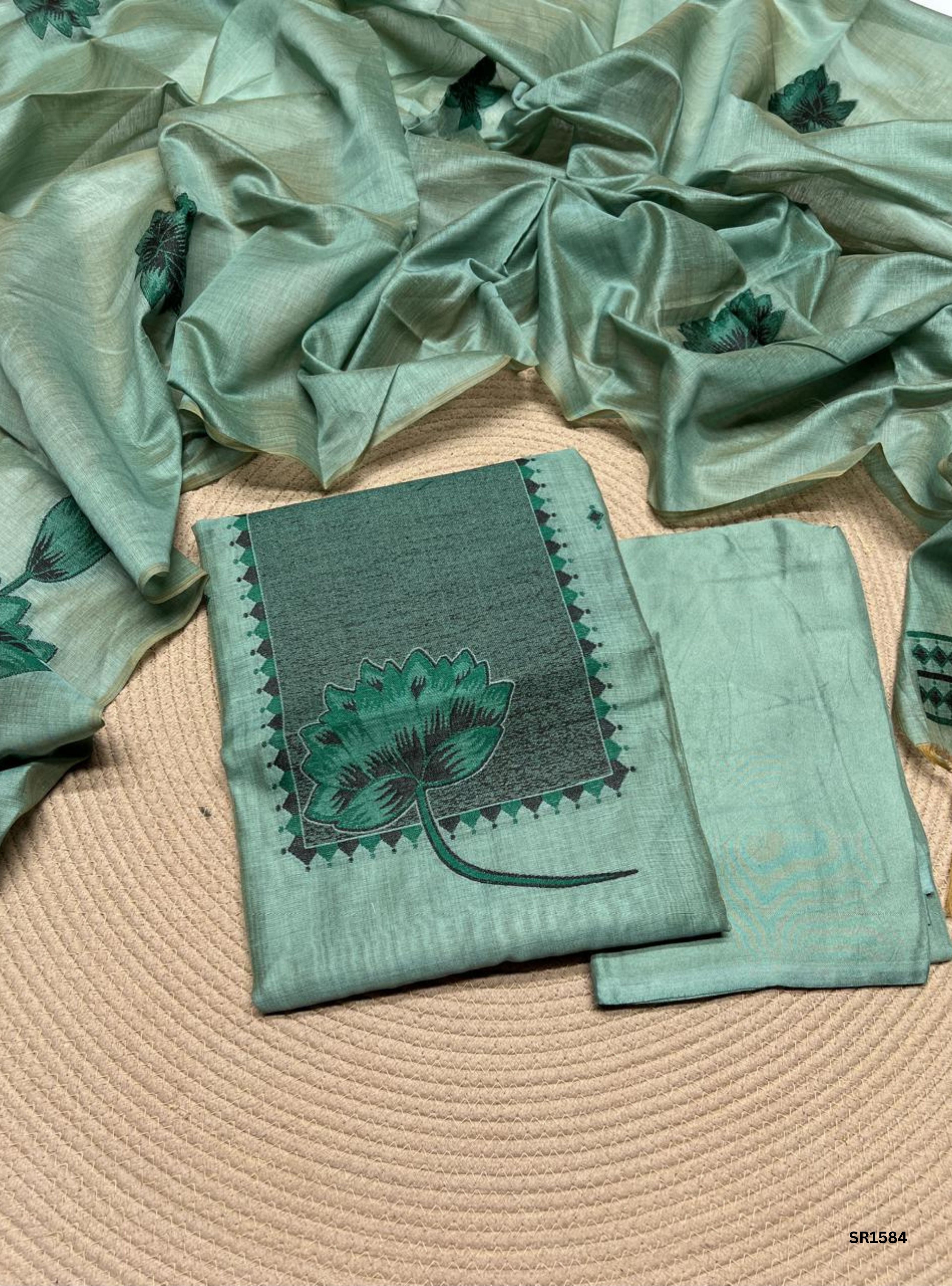Green - Cotton Jamdani Unstiched Suit 3 Pc Set