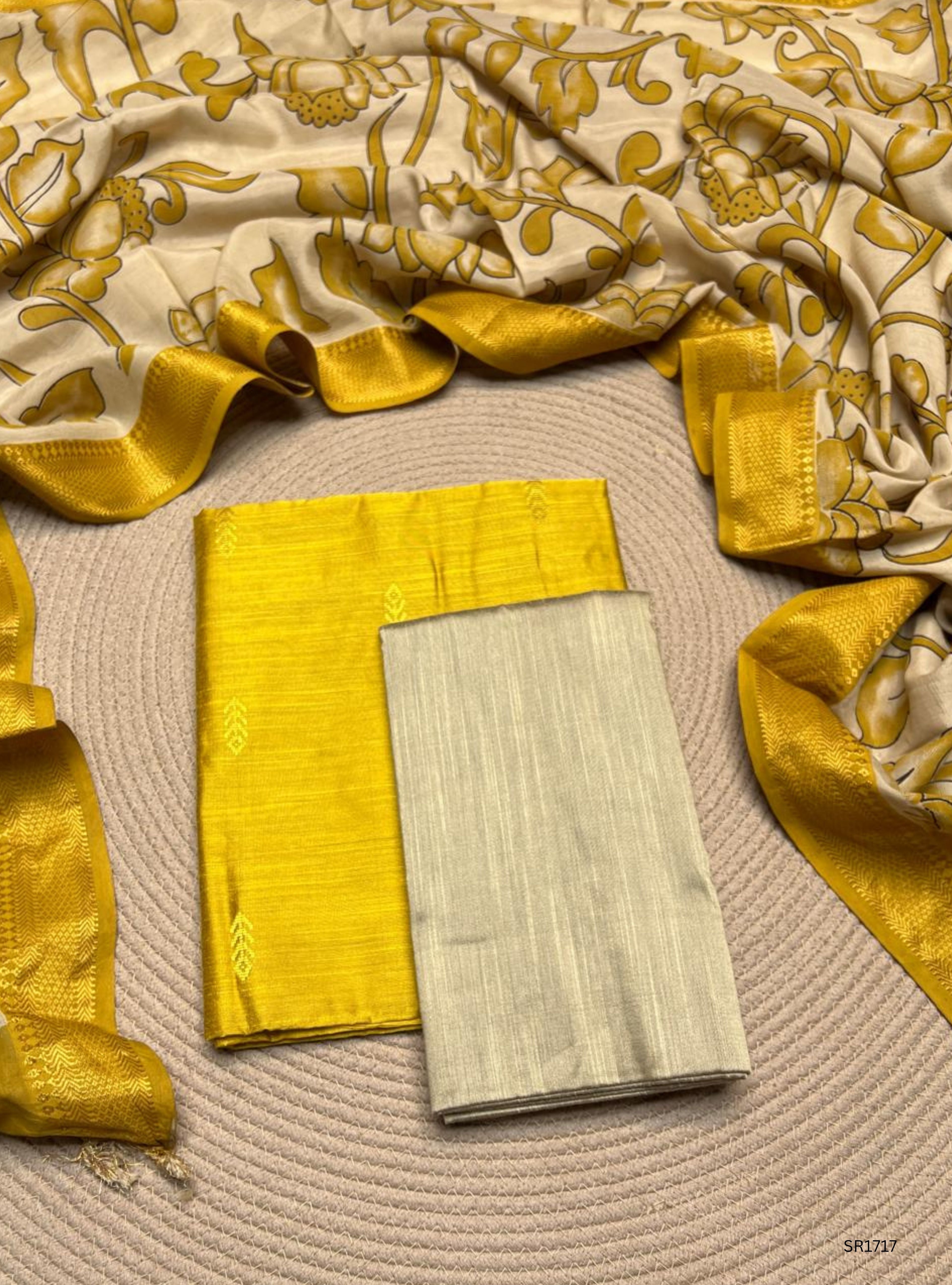 Yellow - Raw Silk X Kalamkari Unstiched Suit 3 Pc Set