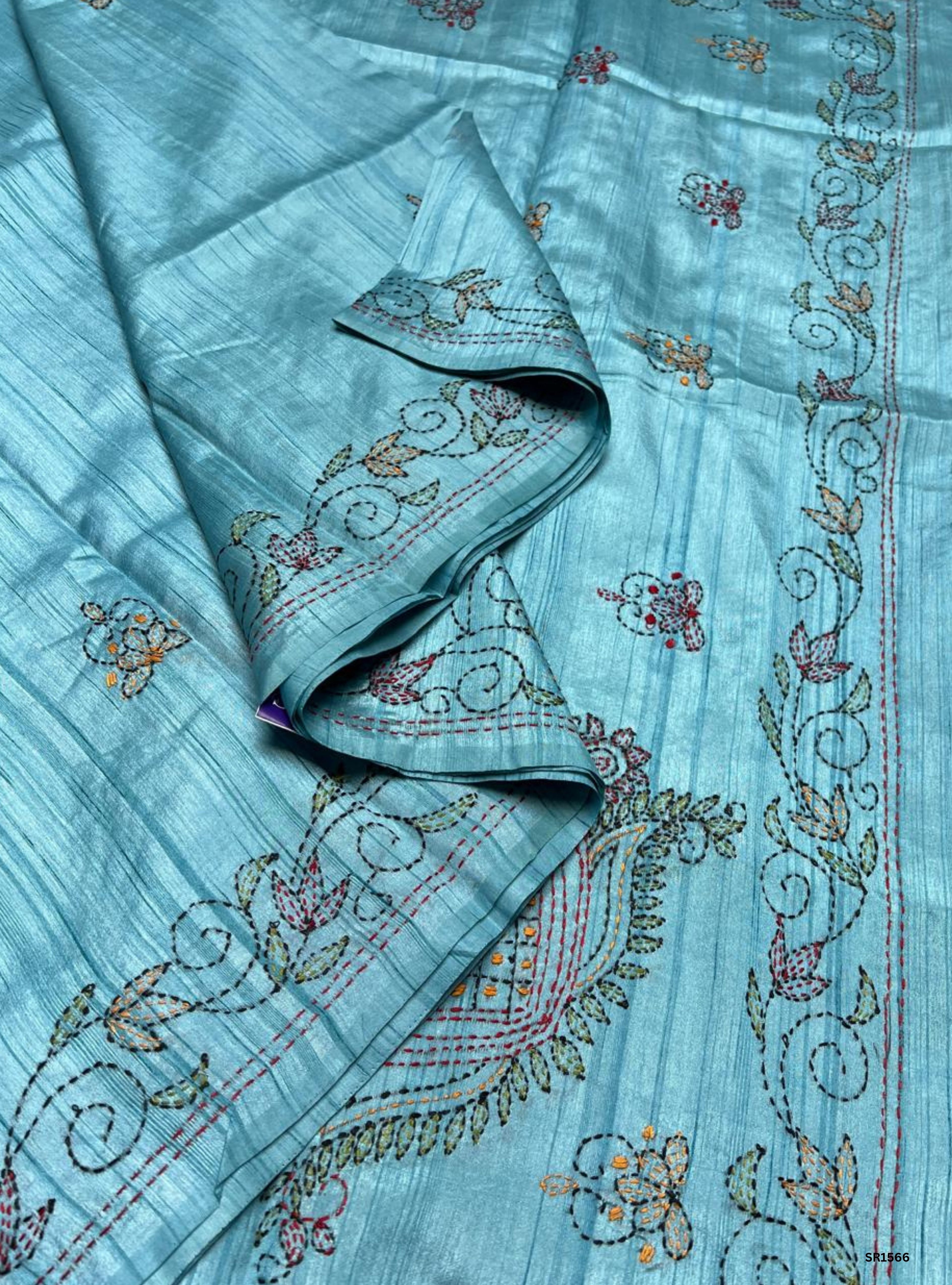 Blue - Kantha Stich Semi Tussar Saree