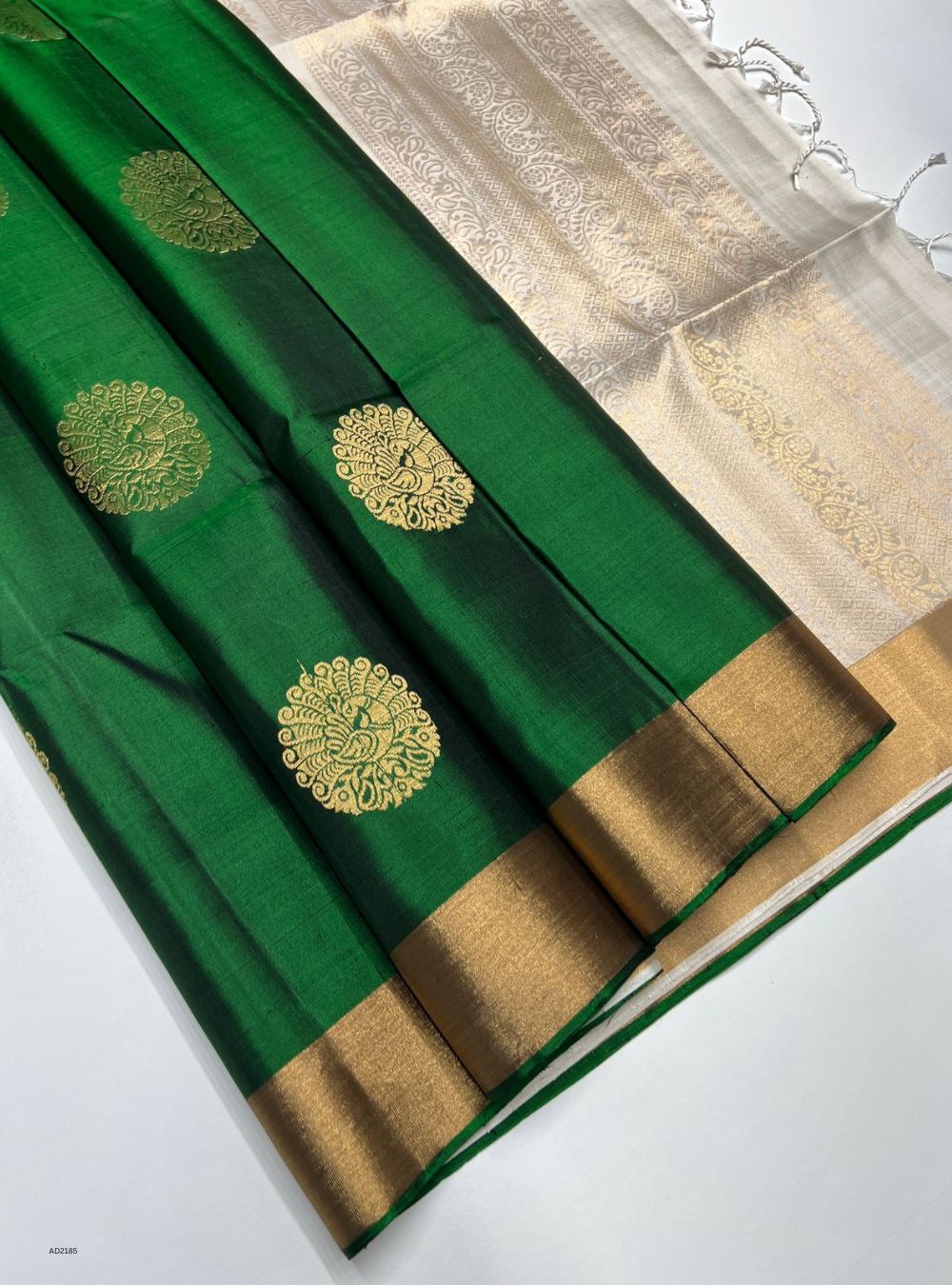 Bottle Green & White - Soft Silk Saree