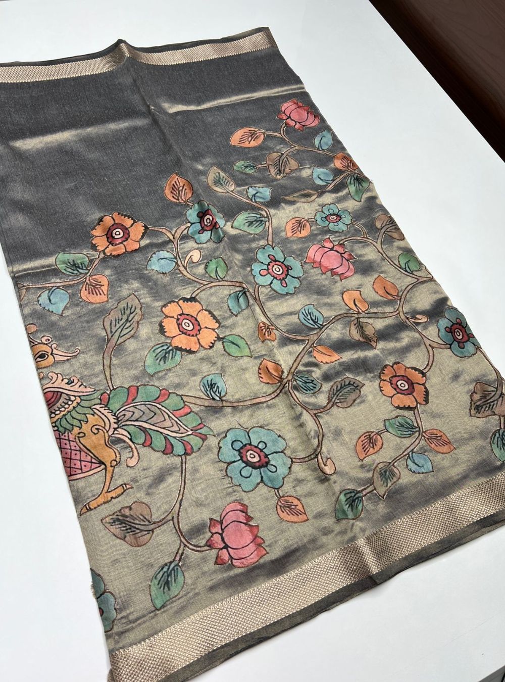 Metallic Grey Hand Painted - Tissue Saree