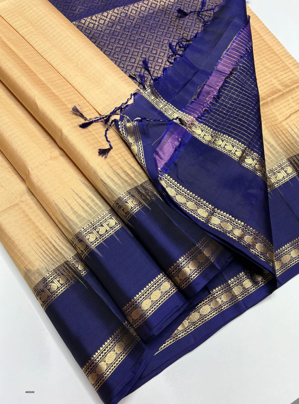 Cream & Navy - Soft Silk Saree
