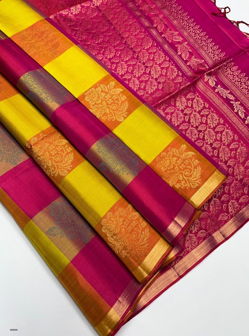 Mustard Yellow & Pinkish Red - Soft Silk Saree