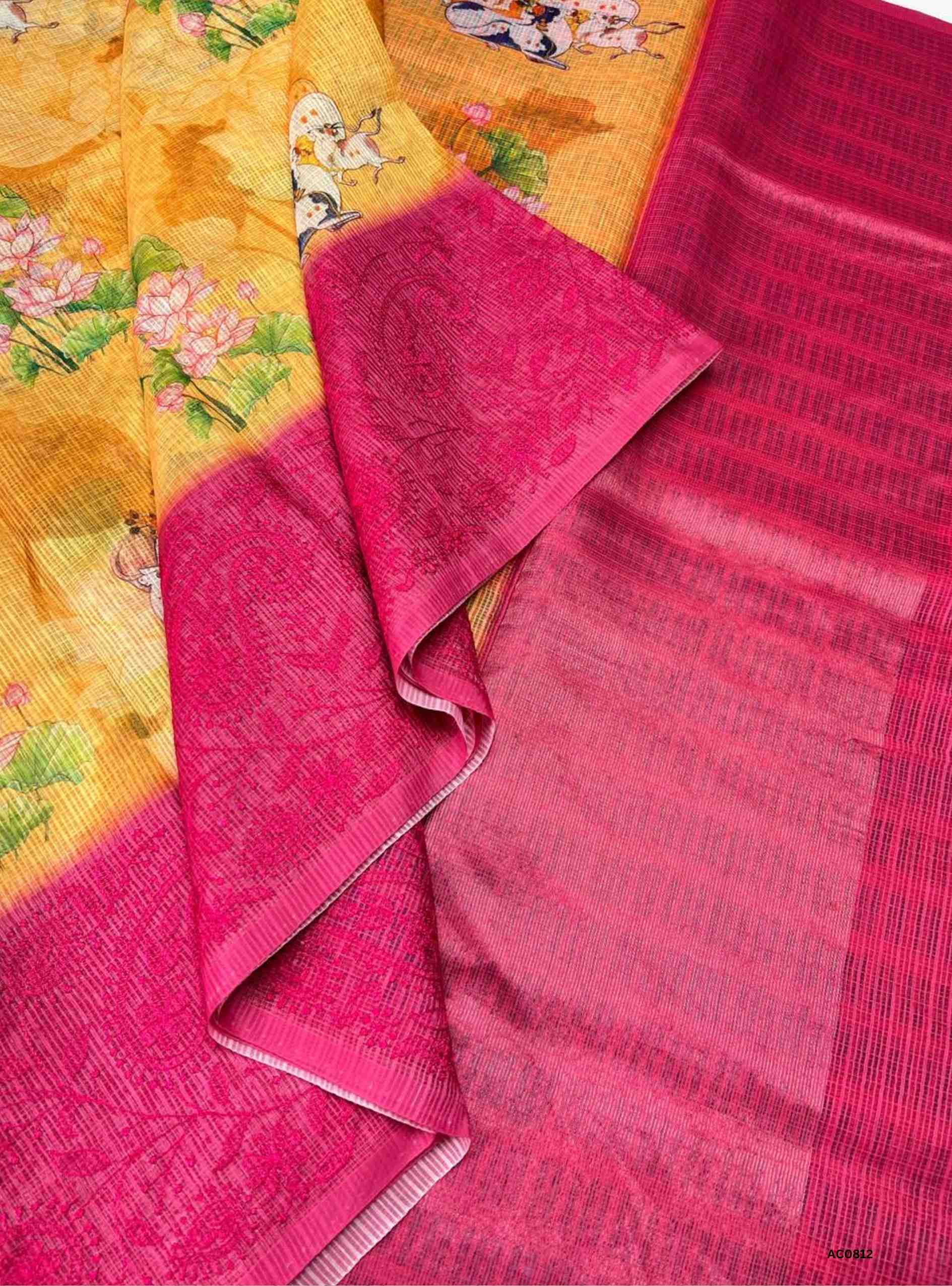 Golden Yellow &  Pink - Cotton Saree