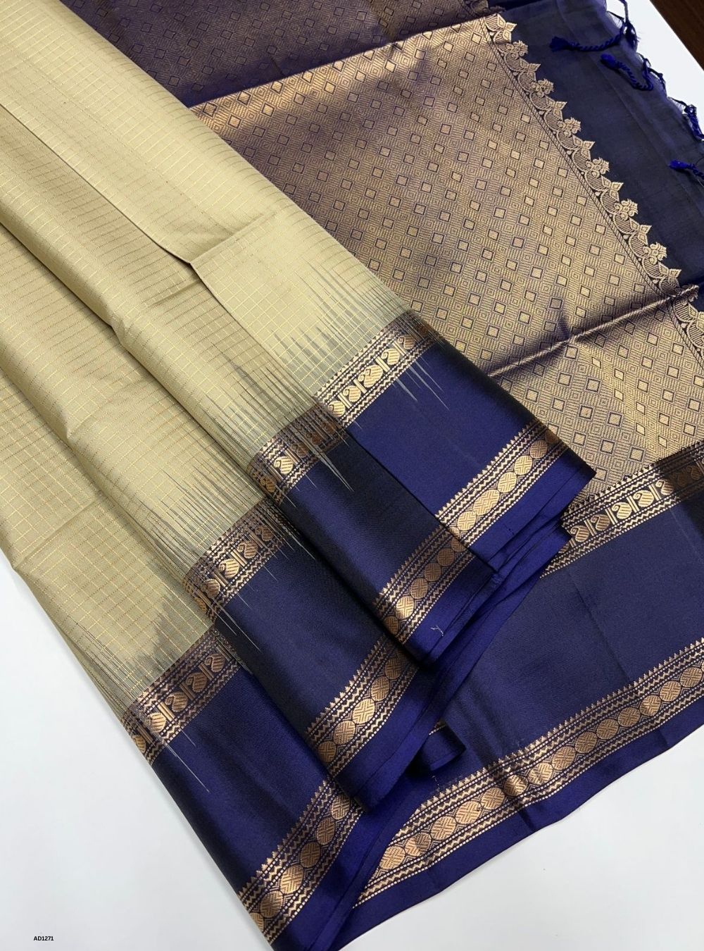 Beige & Navy -  Soft Silk Saree
