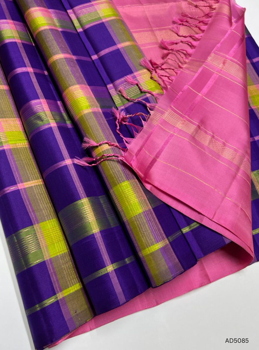 Purple & Baby Pink - Checkerd  Soft Silk Saree