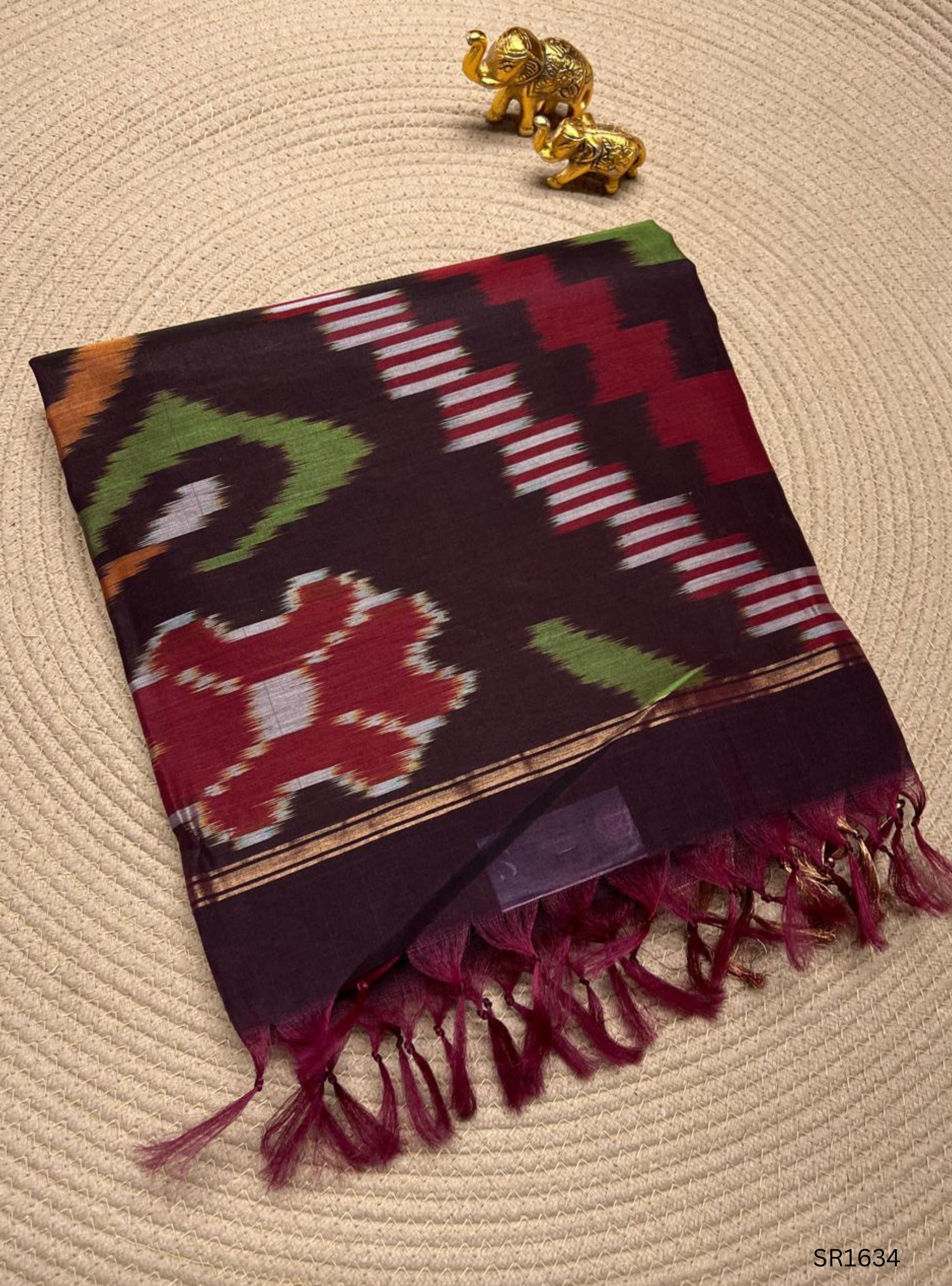 Brown , Pink & White - Ikkat Kora Cotton Saree