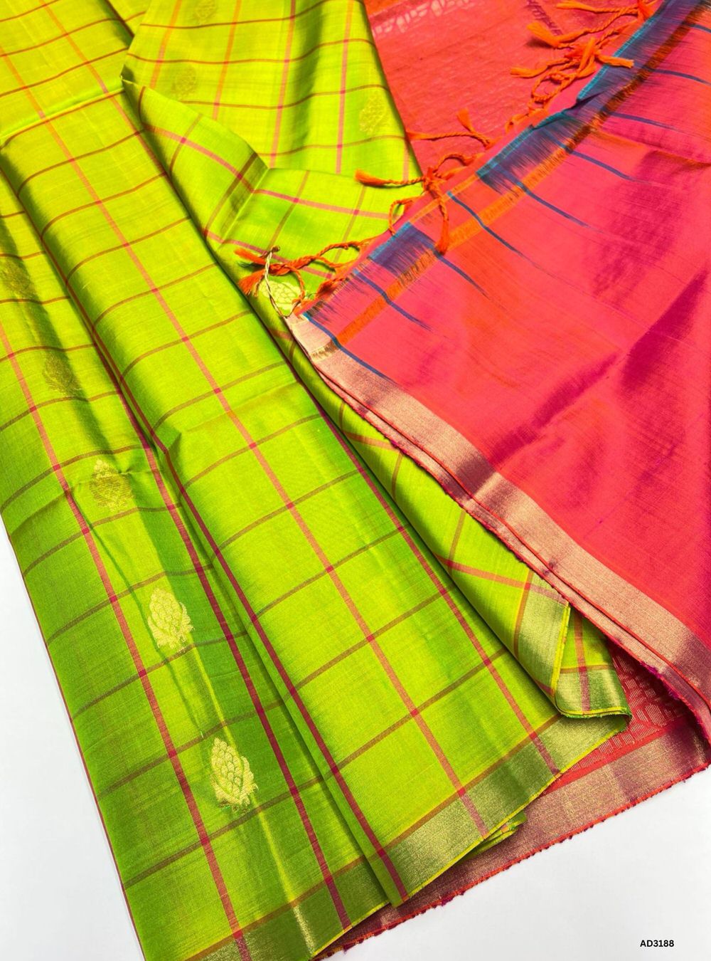 Lime Green & Orangish Pink - Soft Silk Saree