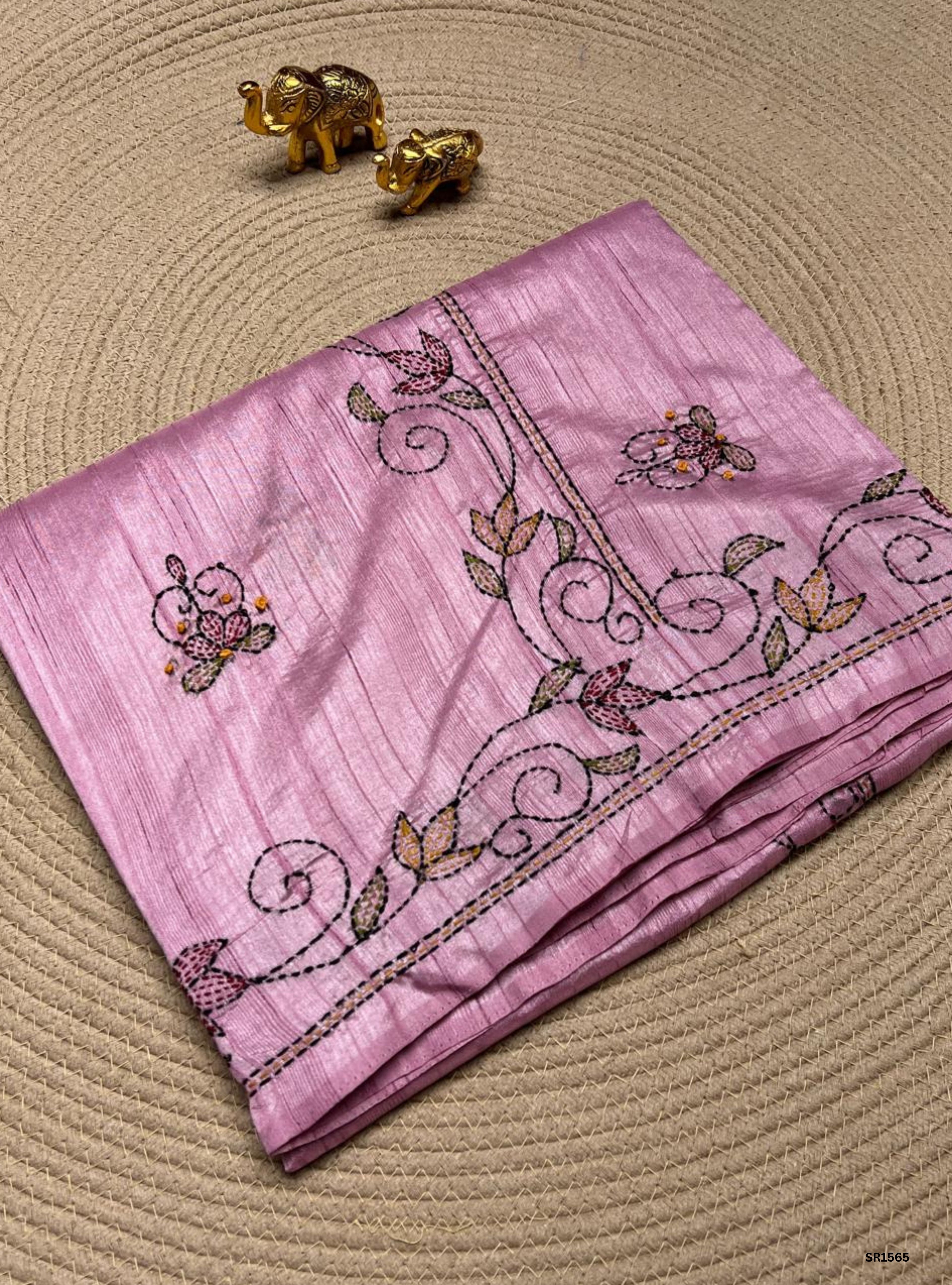 Pink - Kantha Stich Semi Tussar Saree