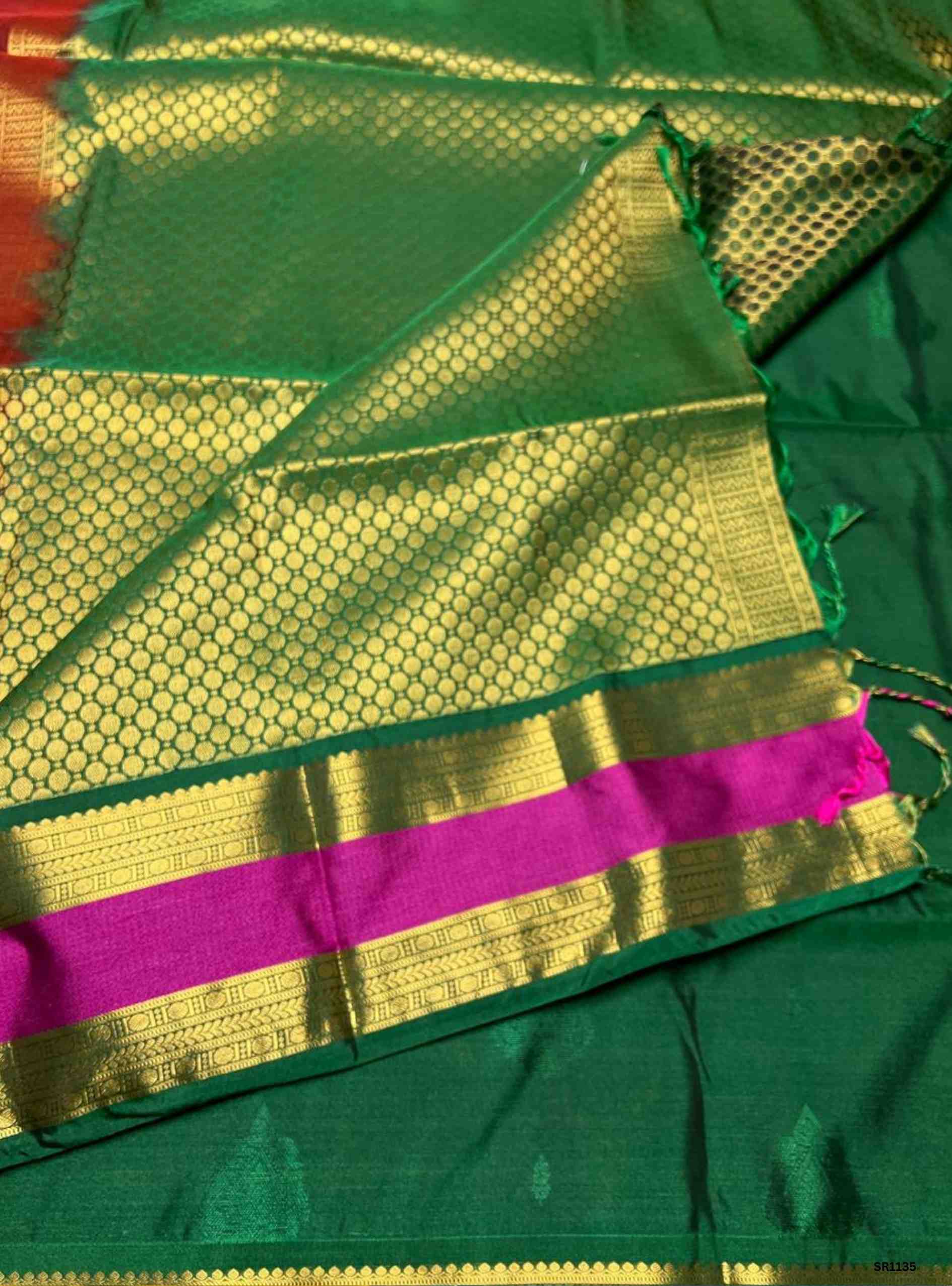 Brick Brown & Green - Semi Silk Saree