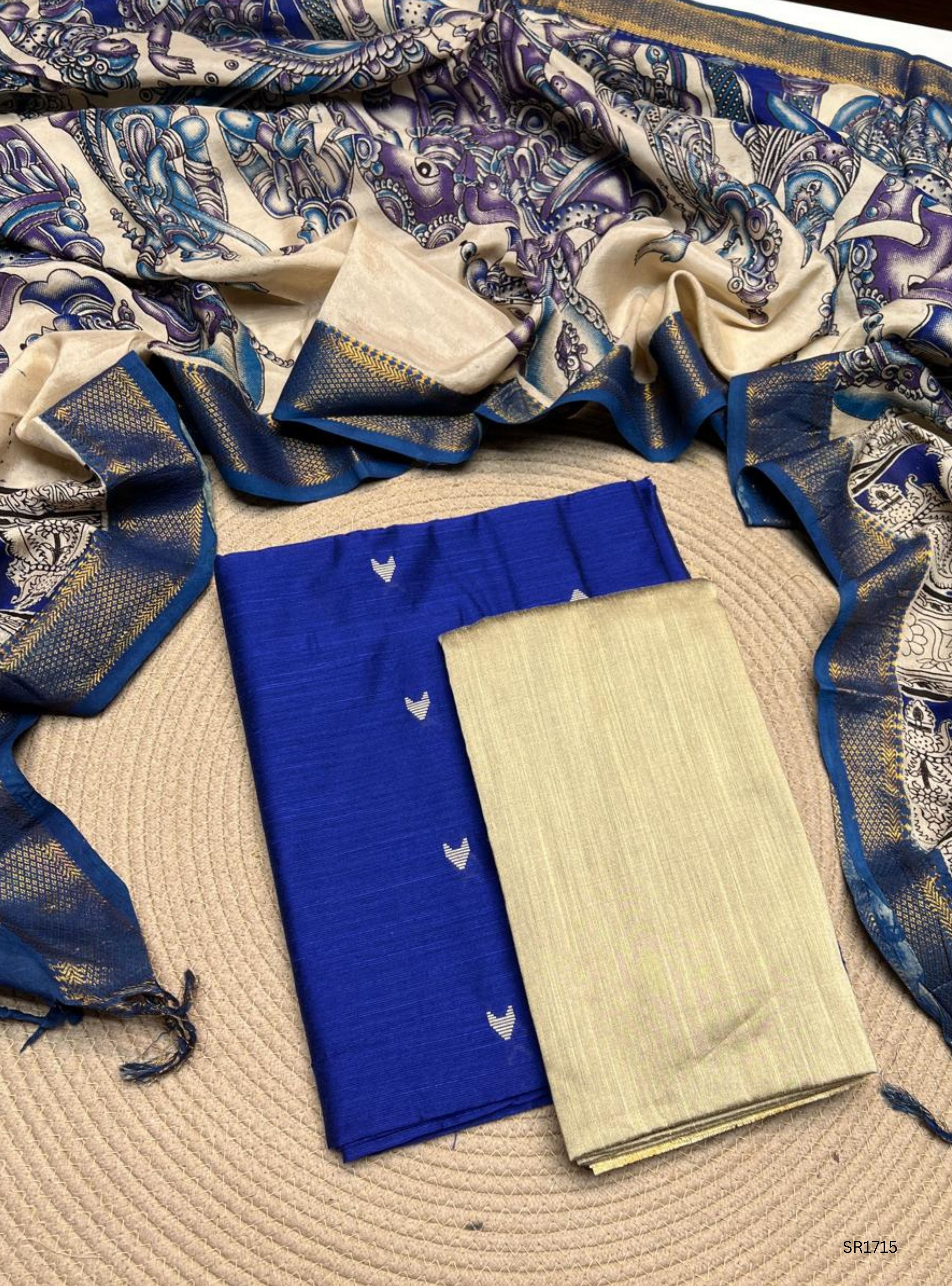 Royal Blue - Raw Silk X Kalamkari Unstiched Suit 3 Pc Set