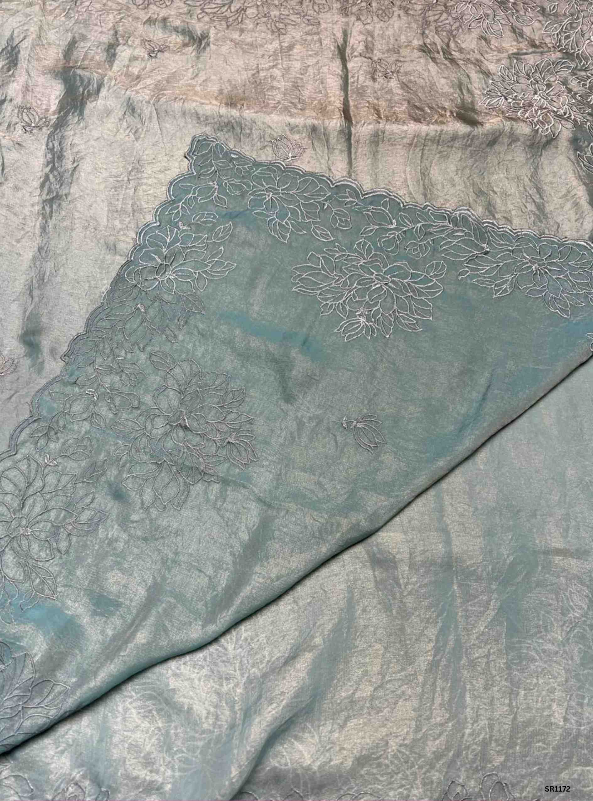 Metalic Grey - Chinon Orgnanza Embroidery Saree