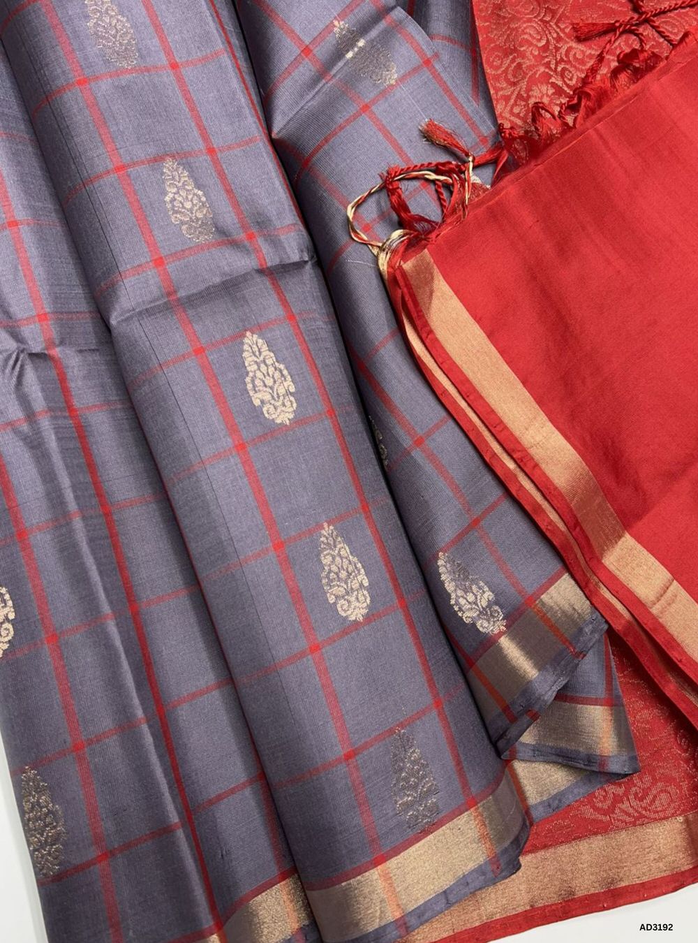 Grey & Red - Soft Silk Saree