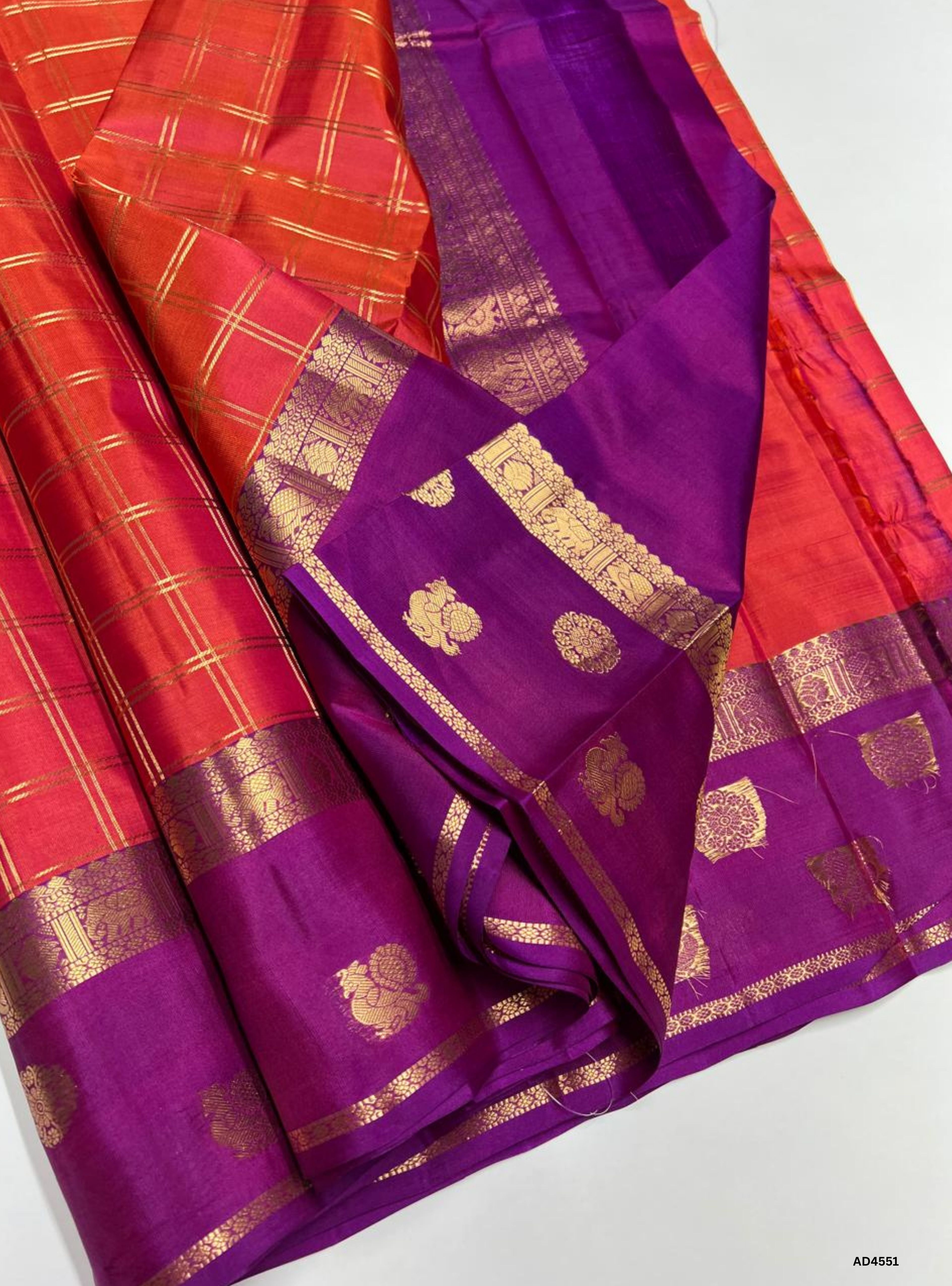 Orange & Purple - Checkerd Retta Pet Border Saree