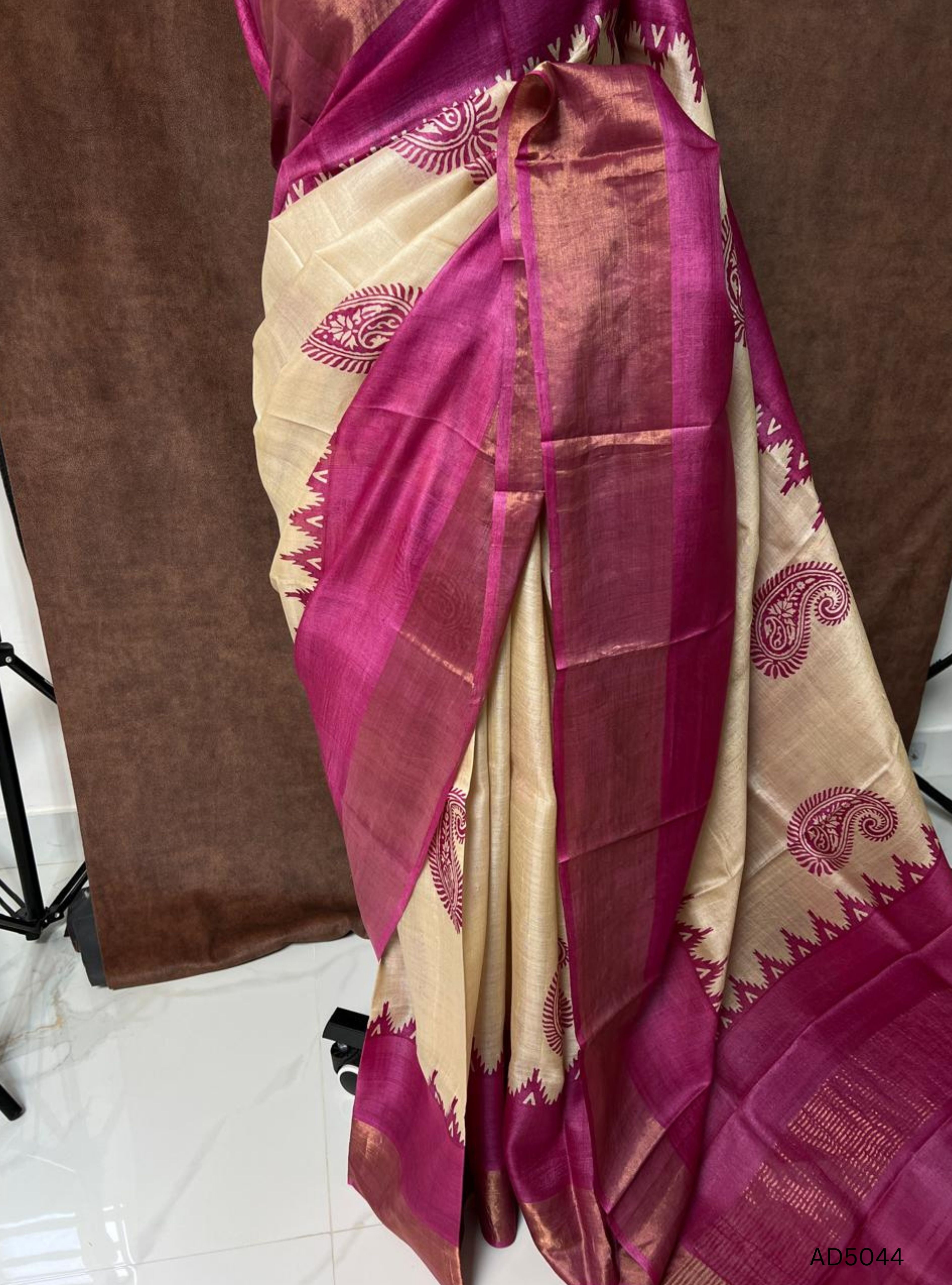 Ivory & Pink - Pure Desi Tussar Saree